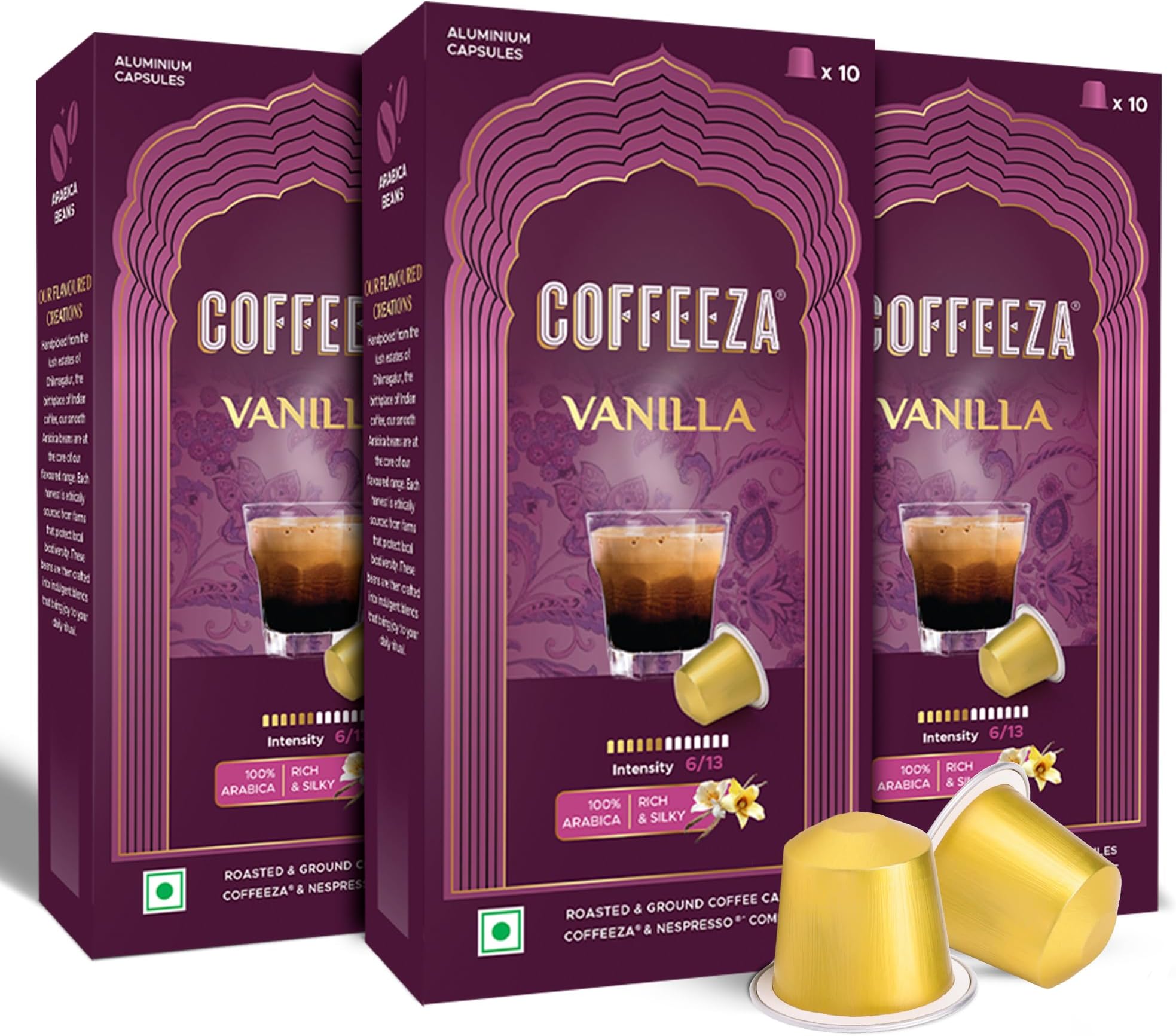 Coffeeza Vanilla Flavoured Coffee Capsules, Intensity - 6 | Aluminium Pods |100% Arabica Coffee | Box of 3 (30 Capsules)