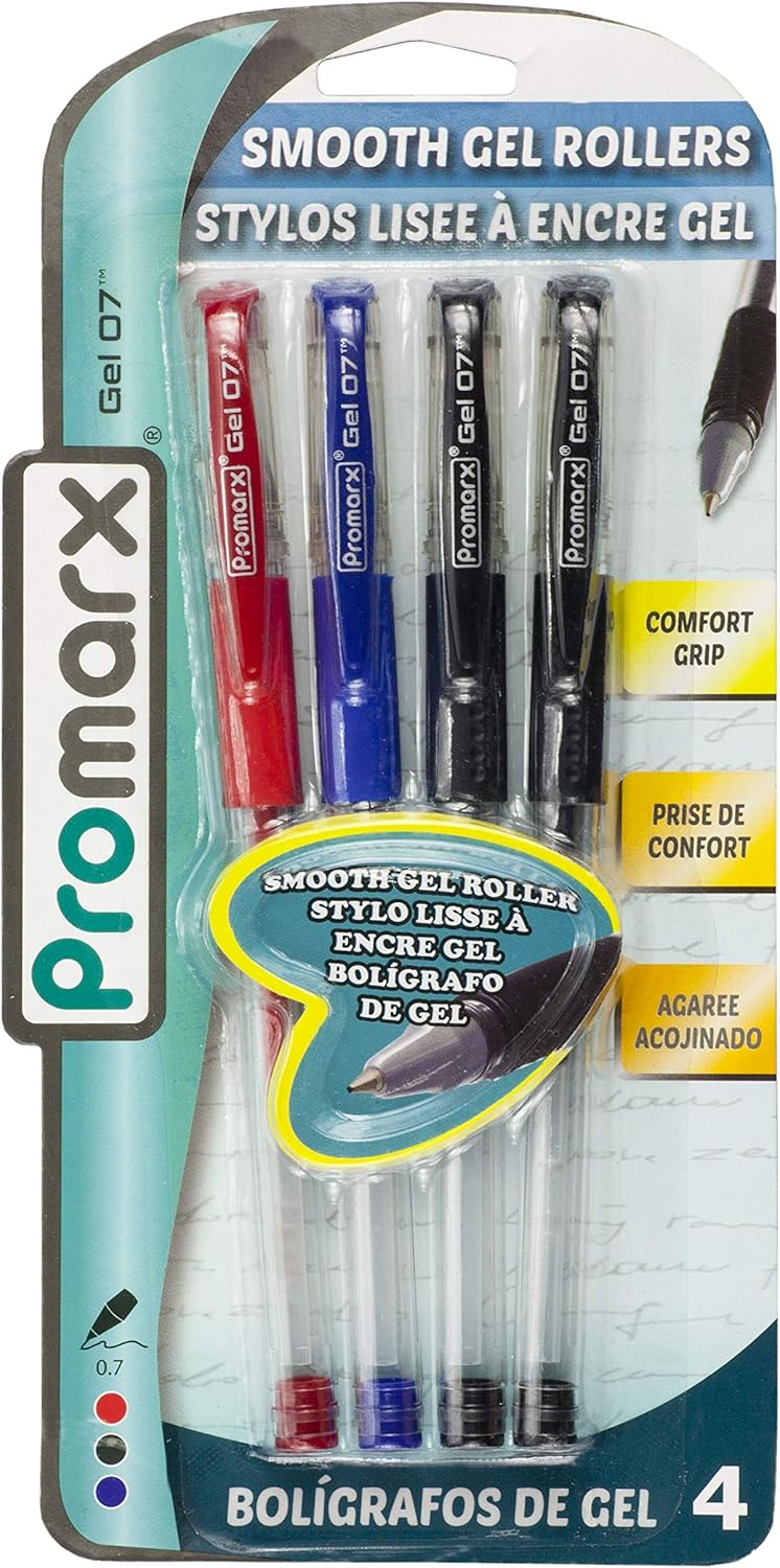 Promarx Gel Roller 07 Gel Stick Pens, Assorted Colors, 4 Count (GS01