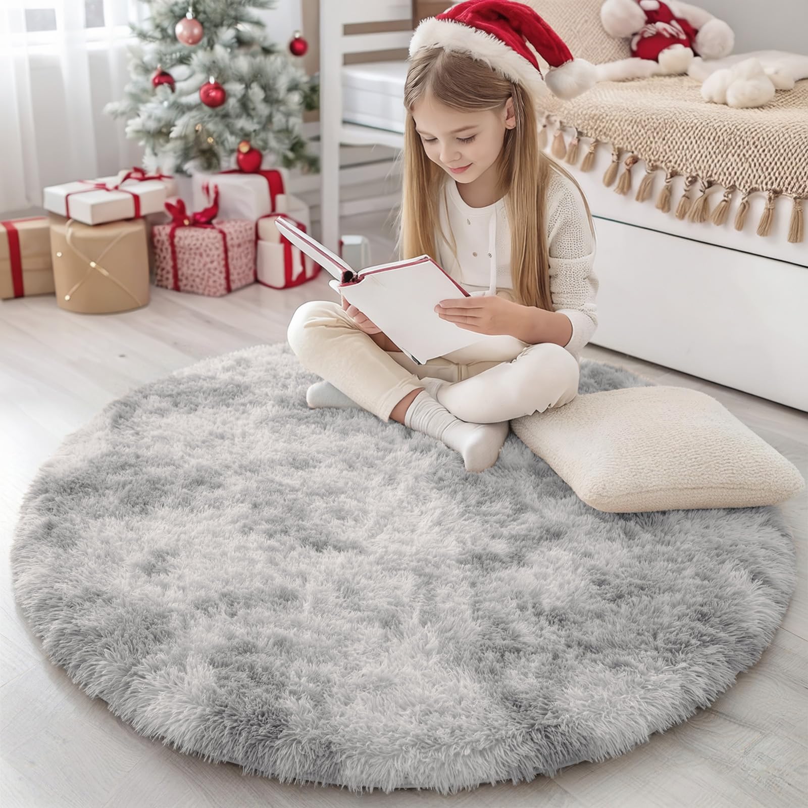 Homaxy Fluffy Tie Dye Small Rugs Living Room 120 cm Round, Light Grey