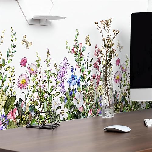 Miniatura 2 de Calcomanía de pared de flores coloridas y mariposas, arte floral de sacinora con plantas verdes, vinilo extraíble para despegar y pegar para sala de