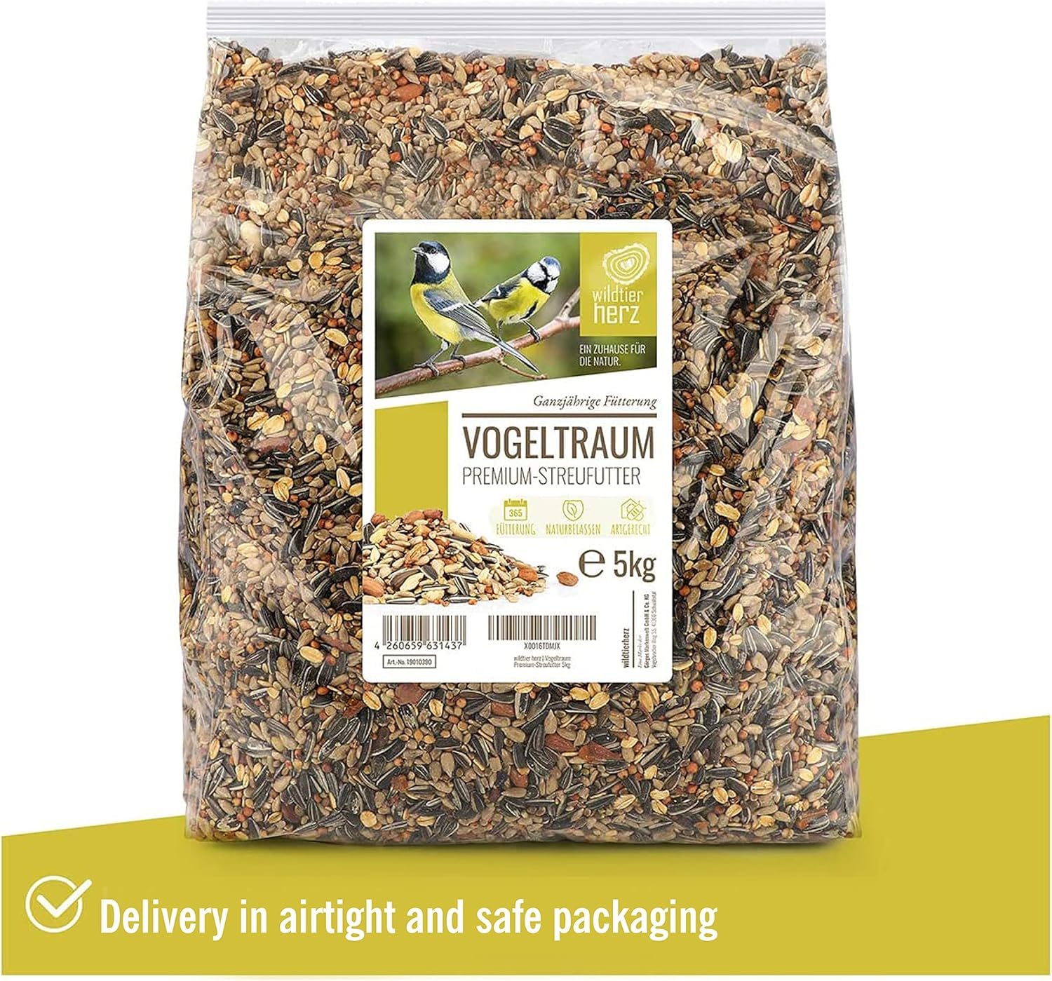 Wildtier Herz Vogeltraum Premium Vogelfutter für Wildvögel ohne Weizen - Ganzjahresfutter mit Sonnenblumenkernen - Wildvogelfutter für Futterspender - Streufutter, Fettfutter für Vögel - 5 kg