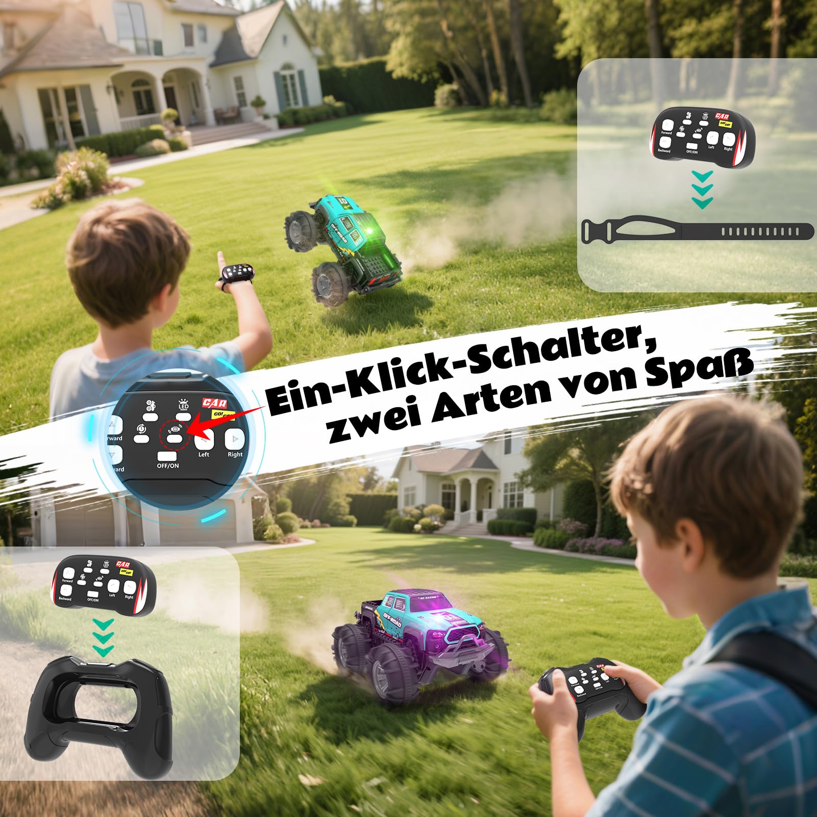 4WD Amphibisches Ferngesteuertes Auto,RC Auto wasserdicht mit Gestensensor,LED Licht & 2 Akkus,Geschenk für Jungen & Mädchen 4-12 Jahre,Spielzeugauto für Sand,Wasser & Gelände,Baustein-kompatibel