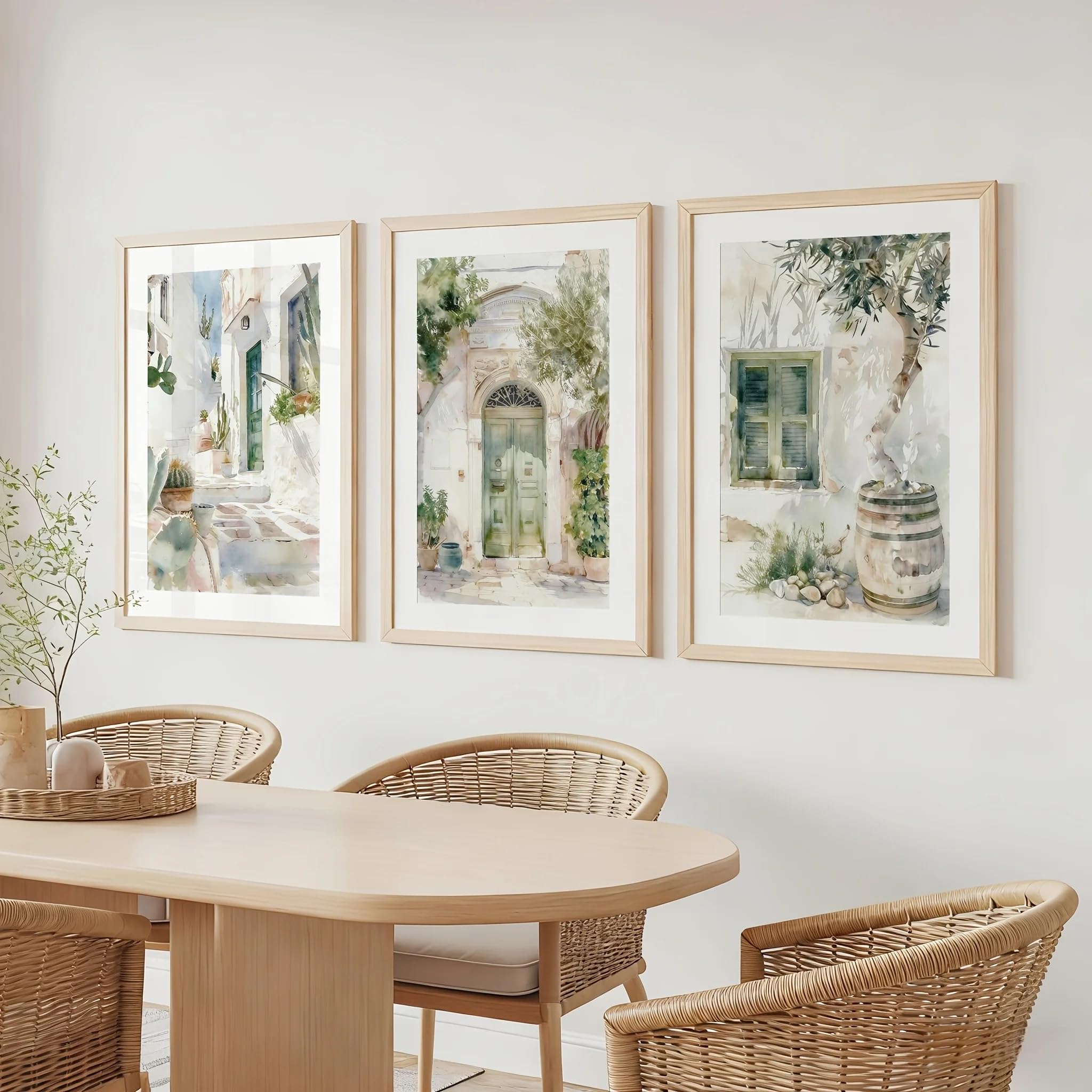 Dittelle Watercolor Mediterranean Village Street Canvas Print, Boho Greek Italian Coastal Wall Art, Frameless Minimalist Decor(30x40cm/3PCS Frameless)
