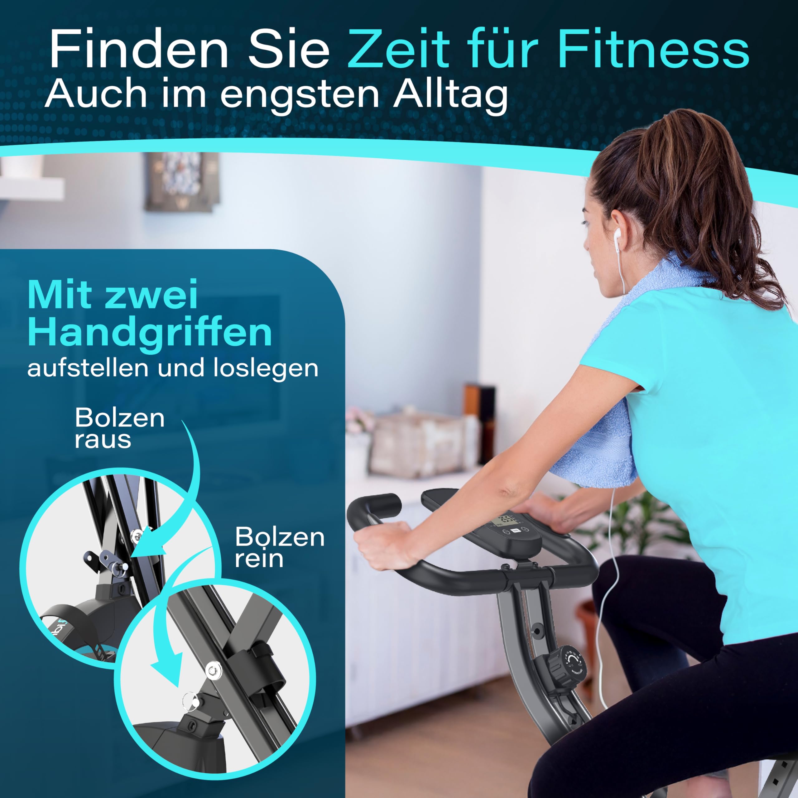 Heimtrainer Fahrrad mit Magnetbremse klappbar [16 Widerstandsstufen] Ergometer Heimtrainer Pulssensoren & LCD-Display | Crosstrainer für Zuhause | Hometrainer Fahrrad Fitnessbikes - Ambifit X-Bike