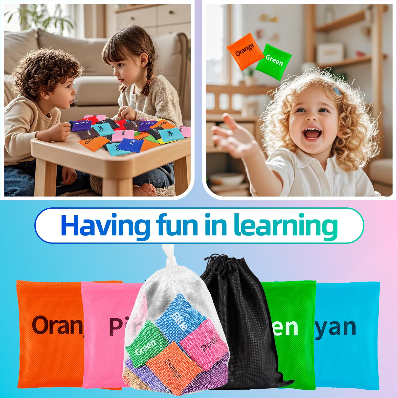 Sacs de cornhole 6x6 cm Nylon Lot de 20 pour enfants extérieur intérieur 10 couleurs