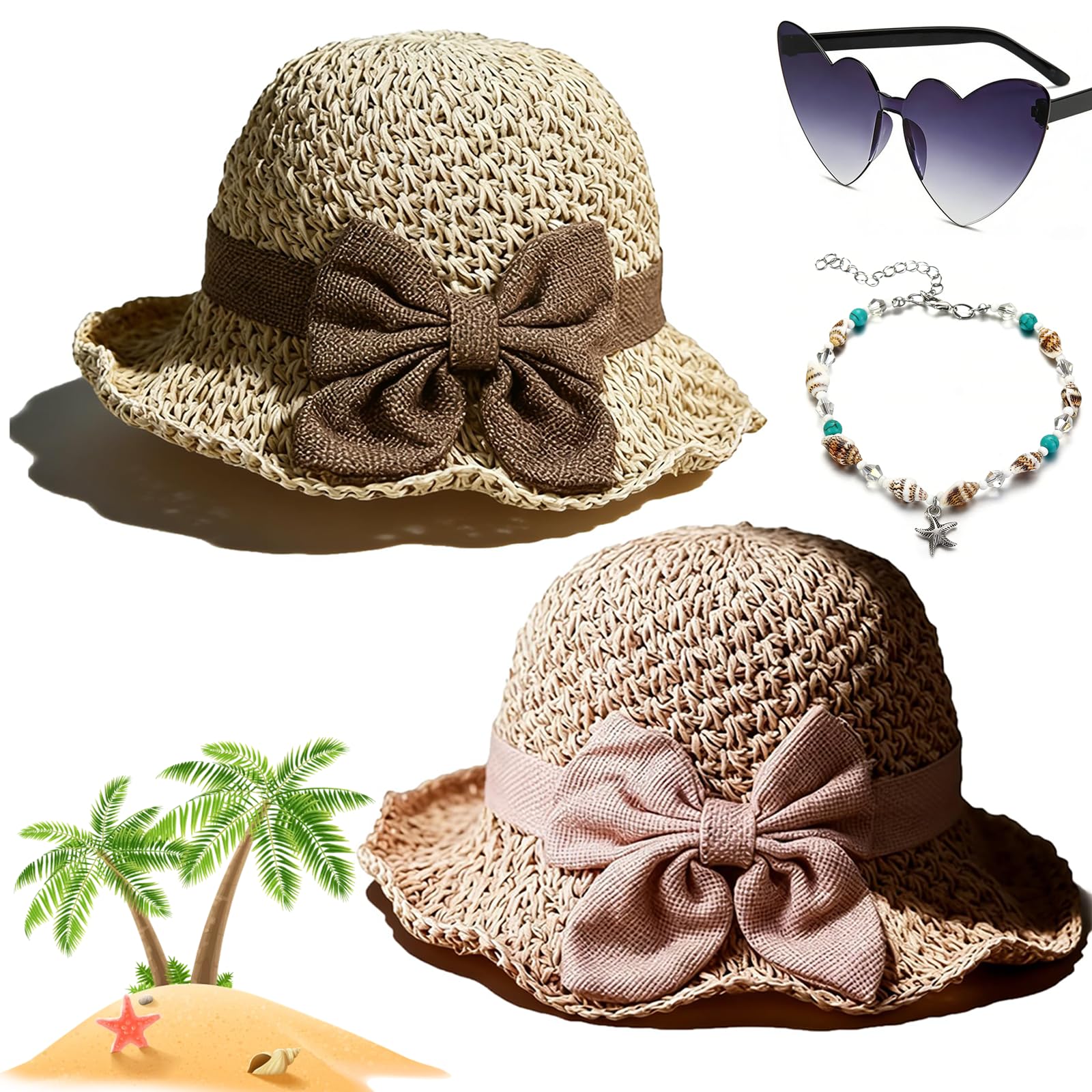 Gienslru Versatile Retro Woven Handmade Straw Hat with Ruffled Bow, Flower Shape Cloche Hat, Uv Protection Ruffle Wide Brim Straw Bucket Hats, Foldable Breathable Travel Beach (Beige+Pink)