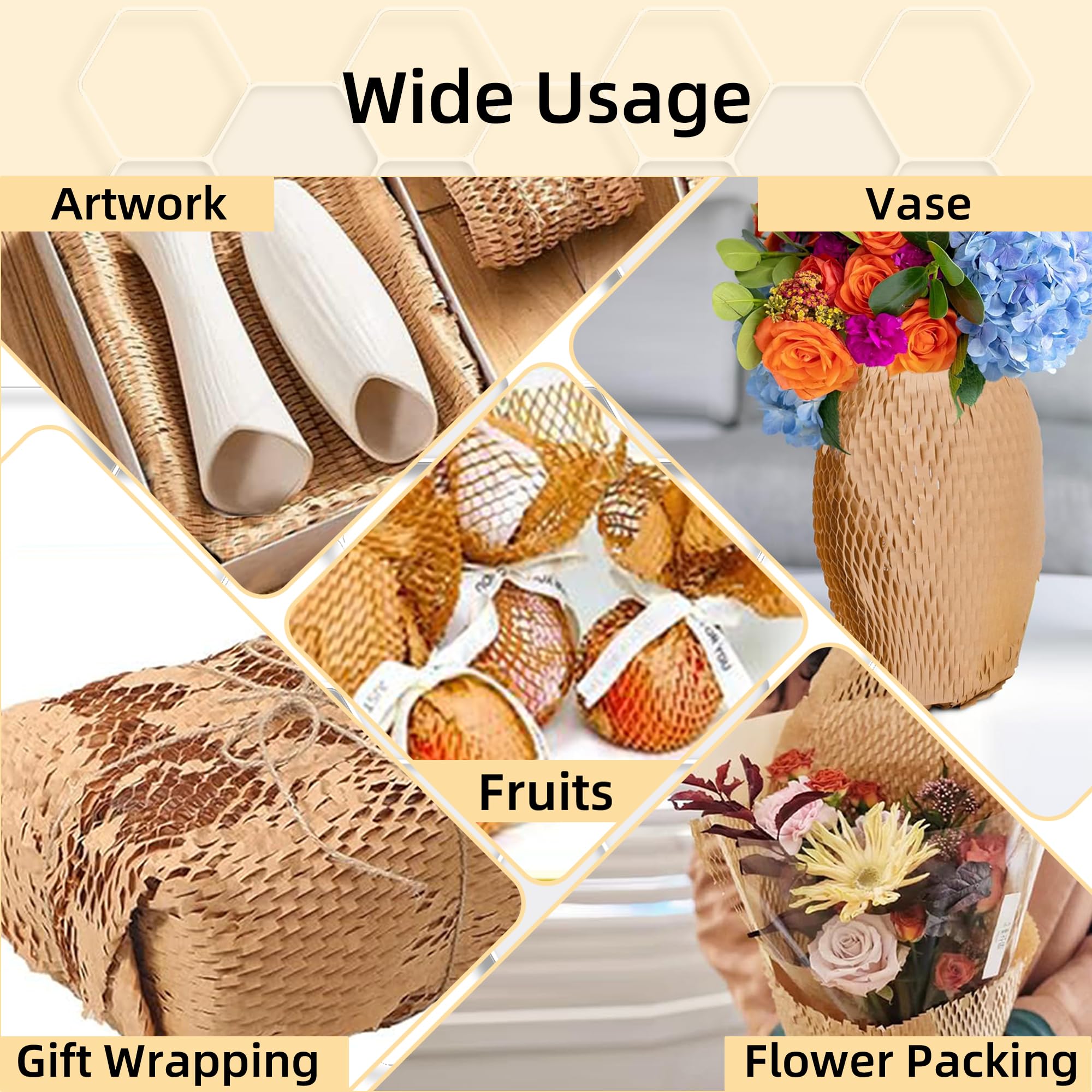 Rollo de papel de embalaje de panal de abeja de 15 x 3780 pulgadas (96 m) – Papel de regalo ecológico con calcomanías frágiles y de etiquetado, guantes, papel de panal reciclable | Alternativa al