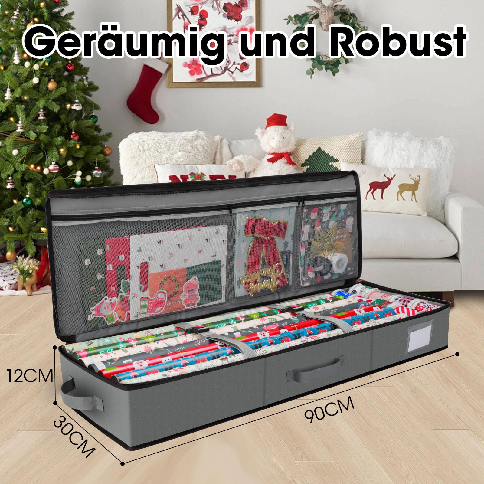 Cong.Lai Geschenkpapier Aufbewahrung: Aufbewahrungstasche für Geschenkpapier - Wasserdichtes 600D Oxford Gewebe - Geschenkpapierrollen Organizer mit Fächern 90x30x12cm Grau (Packung mit 2)