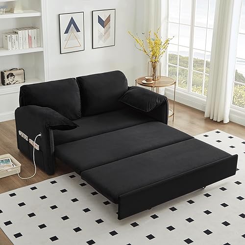 62" Queen Pull Out Sofa Bed with USB Ports - 3 in 1 Modern Velvet Convertible Sleeper Sofa with Side Pocket, Comfy Loveseat Couch for Living Room Bedroom Apartment (Queen, Black)