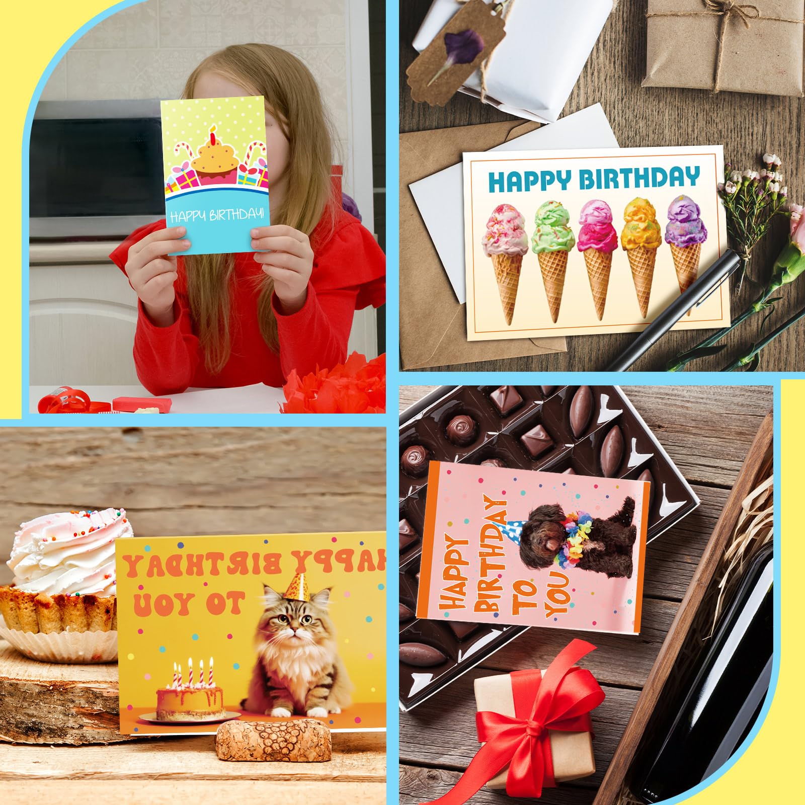 Harloon Lot de 200 cartes d'anniversaire uniques assorties en vrac avec enveloppes vierges et autocollants de 10,2 x 15,2 cm, cartes d'anniversaire vierges pour femmes, hommes, enfants, adultes, 20