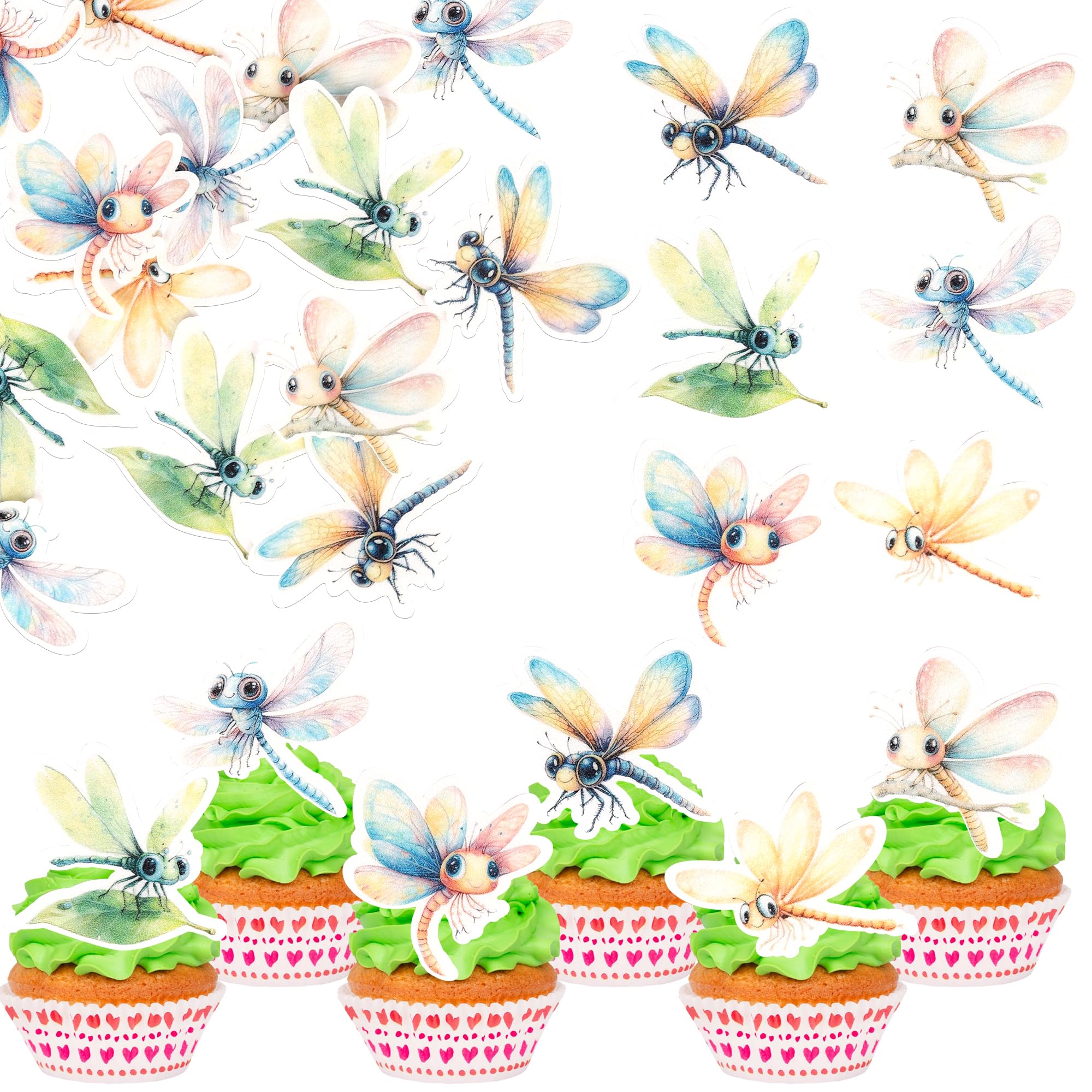 SYKYCTCY 60 Pack Edible Dragonfly Cake Topper Glitter Wafer Paper Insect Dragonfly Cake Pick Fly Garden Cake Decorations for Dragonfly Theme Party Baby Shower Birthday Party Supplies