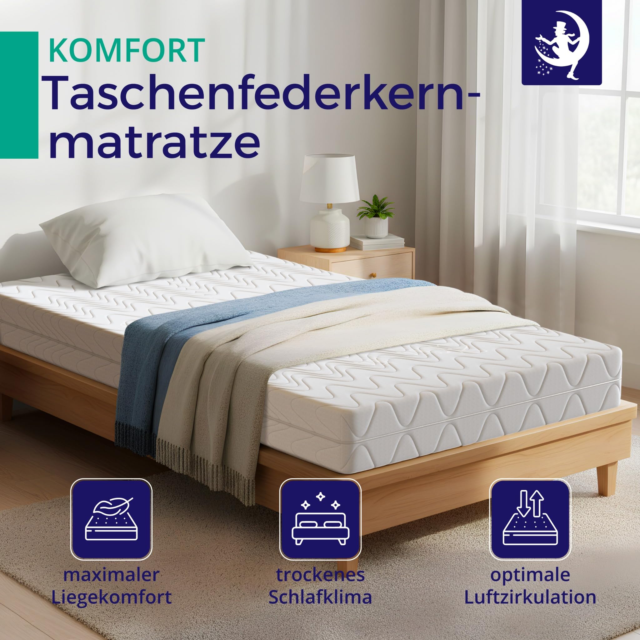 Mister Sandman Matratze 90x200 cm – 7-Zonen-Taschenfederkernmatratze mit Kaltschaumschicht – Härtegrad H2 H3 – Federkernmatratze – Höhe 18 cm