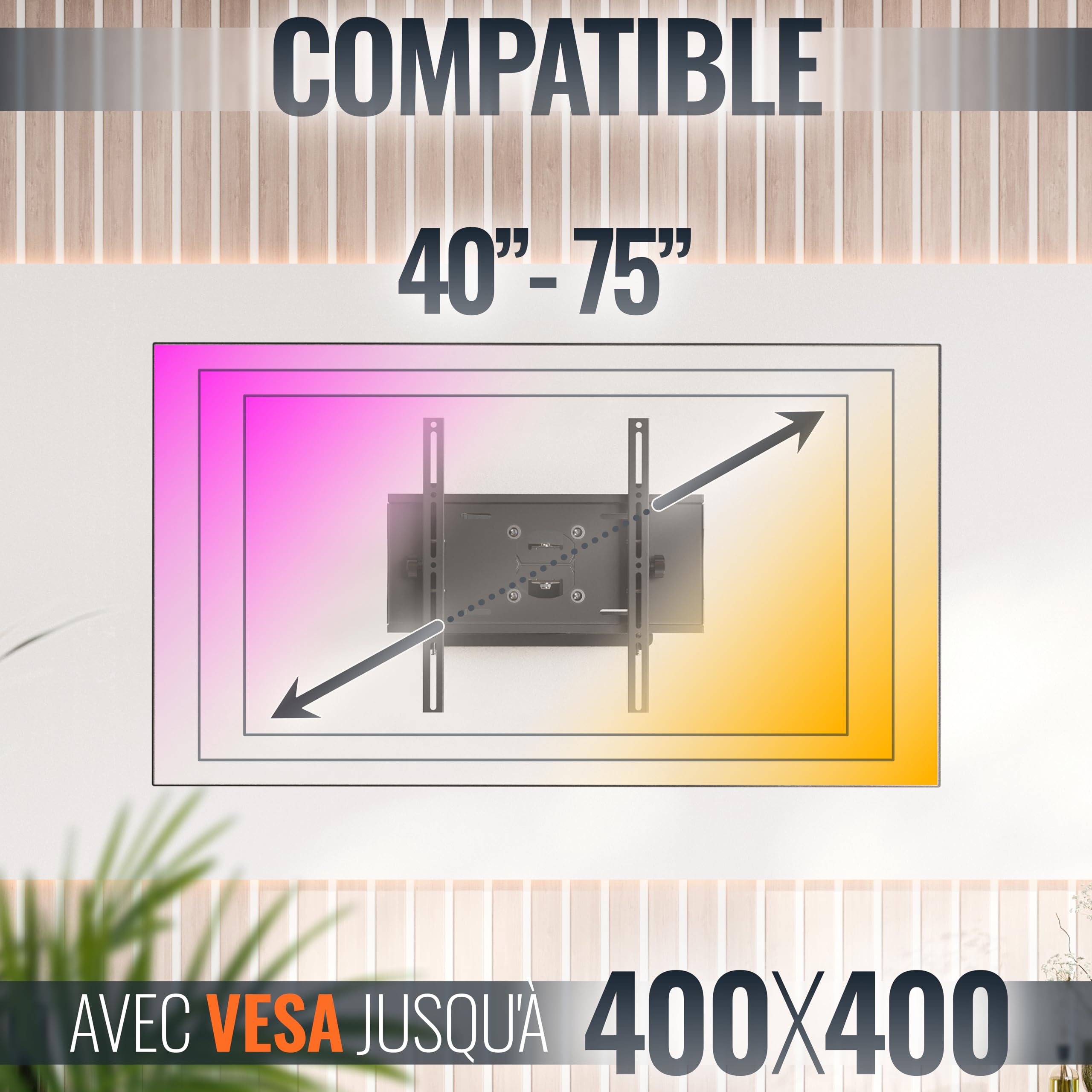 RICOO R23-S Support Mural TV 40 42 43 48 50 55 60 65 70 75 Pouces VESA 200x200 à VESA 400x400 Orientable et Inclinable Fixation Support Television Mural Max 95 Kg