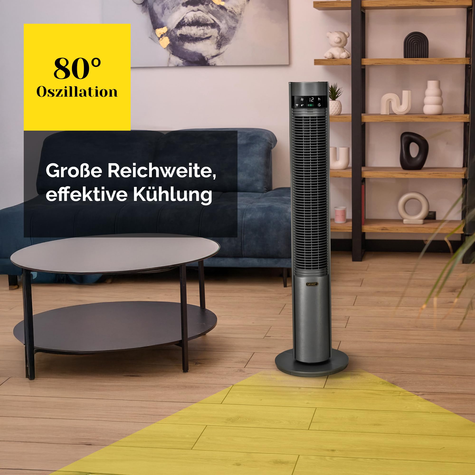 YOER CoolWhisper TF07G Leiser Turmventilator, 19dB, 12 m Wurfweite, WLAN & App, 12 Geschwindigkeitsstufen, 80° Oszillation, Plasma-Ionisator, grau
