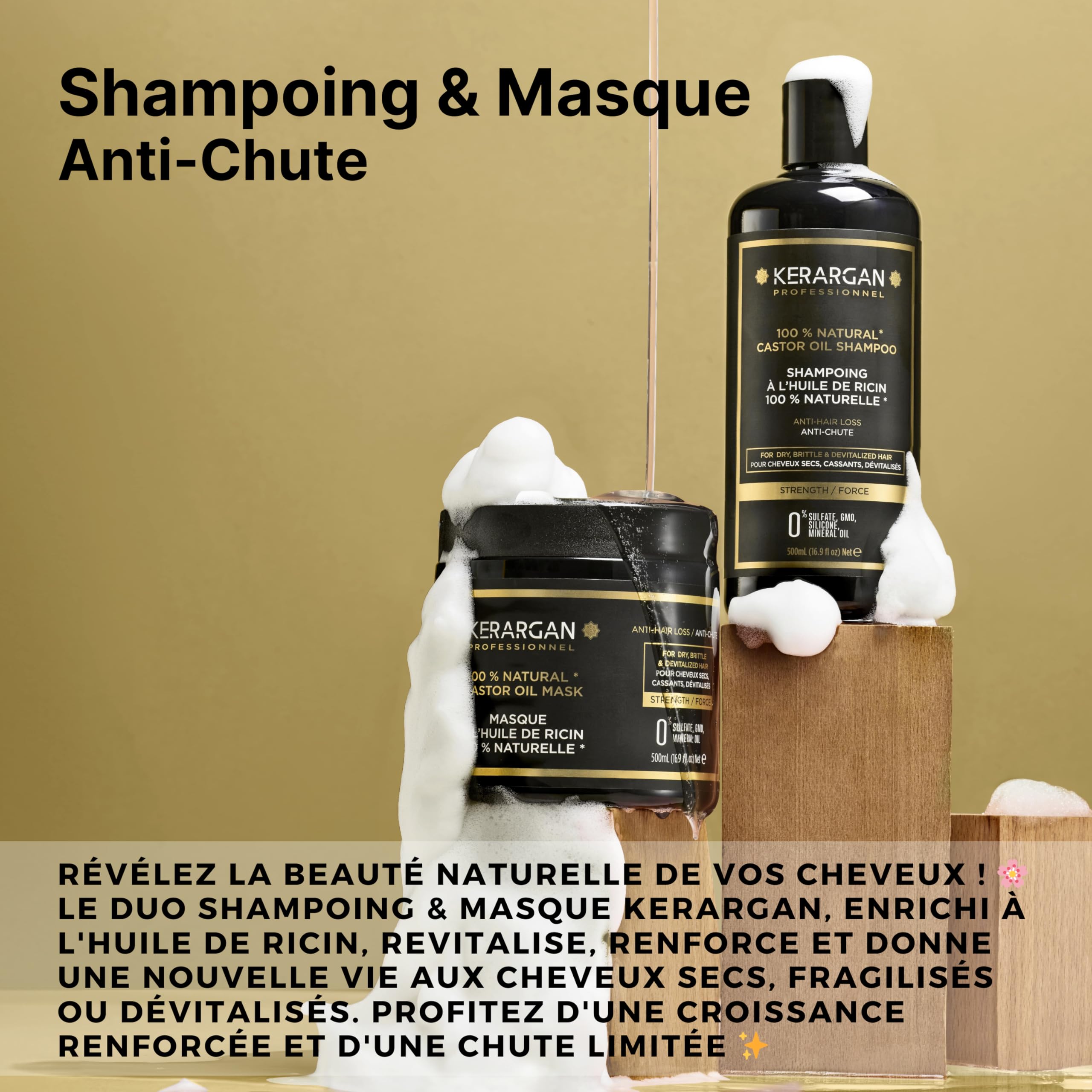 Kerargan - Duo Anti-Chute Shampoing & Masque à l’Huile de Ricin pour Cheveux Secs, Fragilisés, Dévitalisés - Booste la Croissance - Sans Sulfate, Silicone, OGM - 2x500 ml