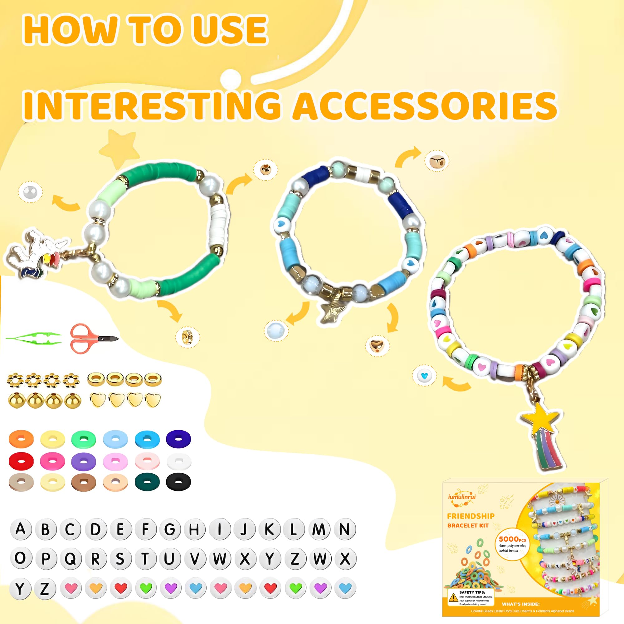 iumulinrui Kit de pulseras de la amistad, pulseras de concierto, 5200 piezas de cuentas de arcilla, kit de fabricación de pulseras tricolor, juego de joyas con colgante, regalos de manualidades