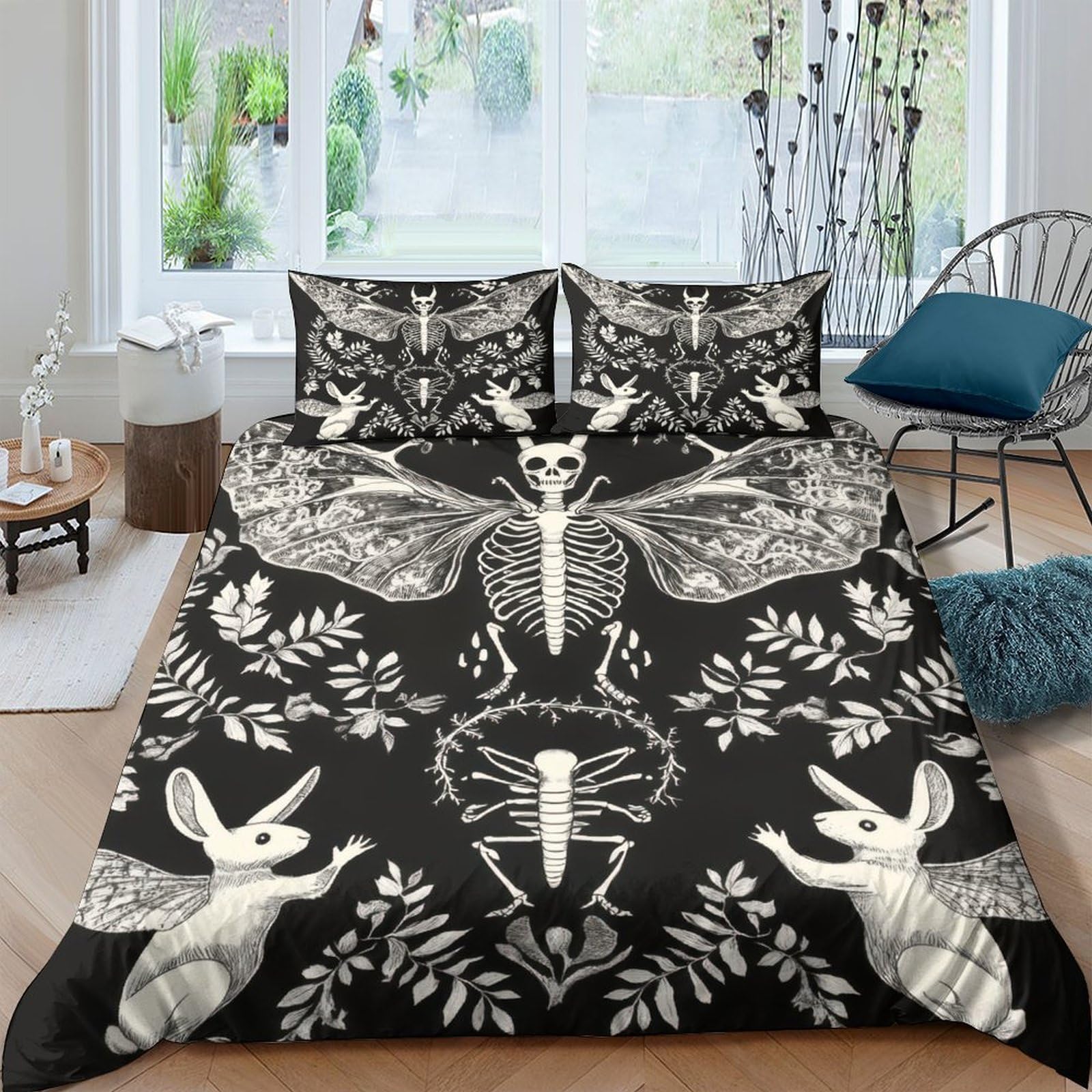 GPLZQXKJNH 3D Printed Gothic Skeleton Duvet Cover Microfiber Black Rabbit Bedding Set with 2 Pillowcases for Bedroom Decor Single（135x200cm）