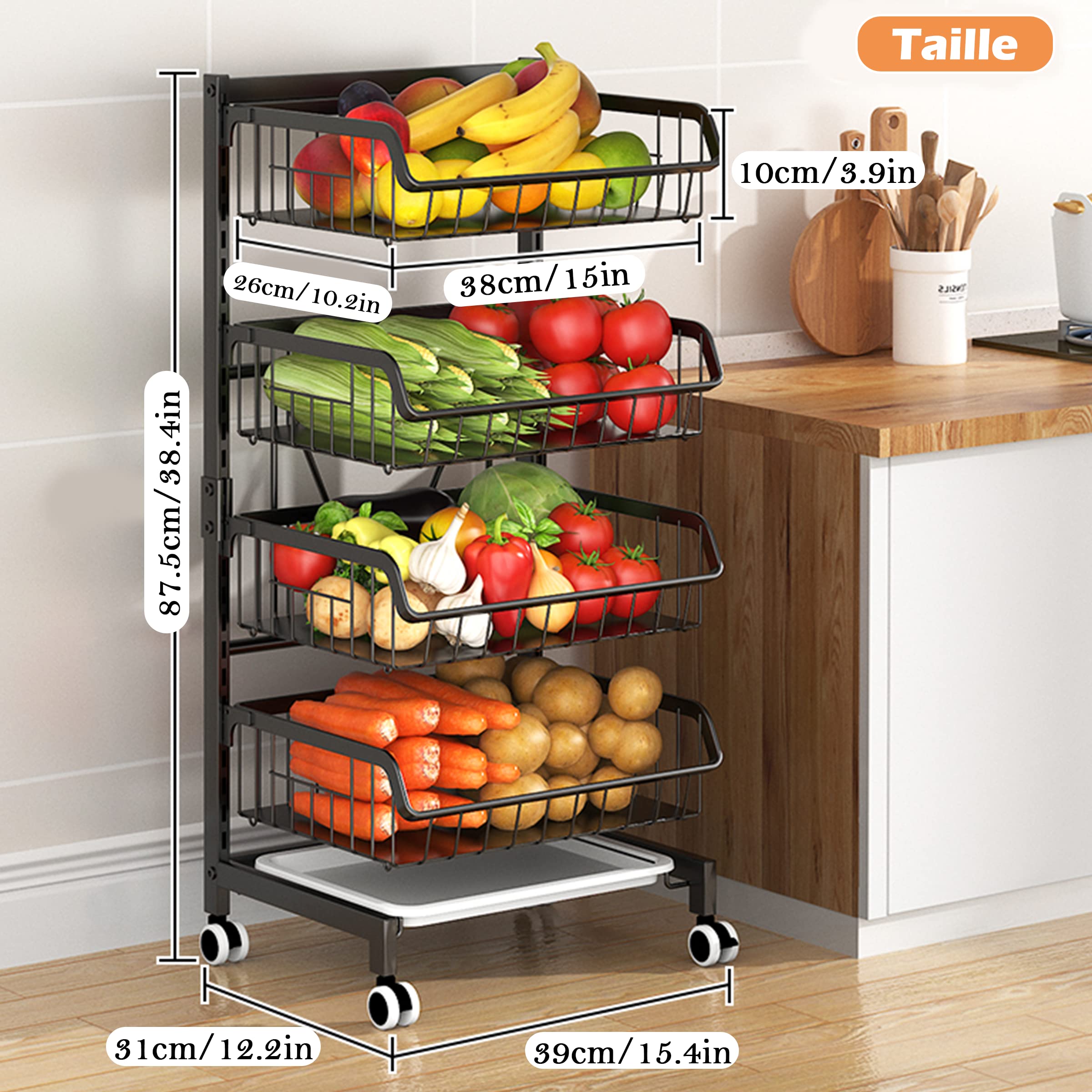 COVAODQ Étagère à légumes pour Cuisine, Panier à Fruits empilable, Chariot de Rangement avec roulettes verrouillables et Plateau, pour Salle de Bain, Cuisine, Bureau (Fer)