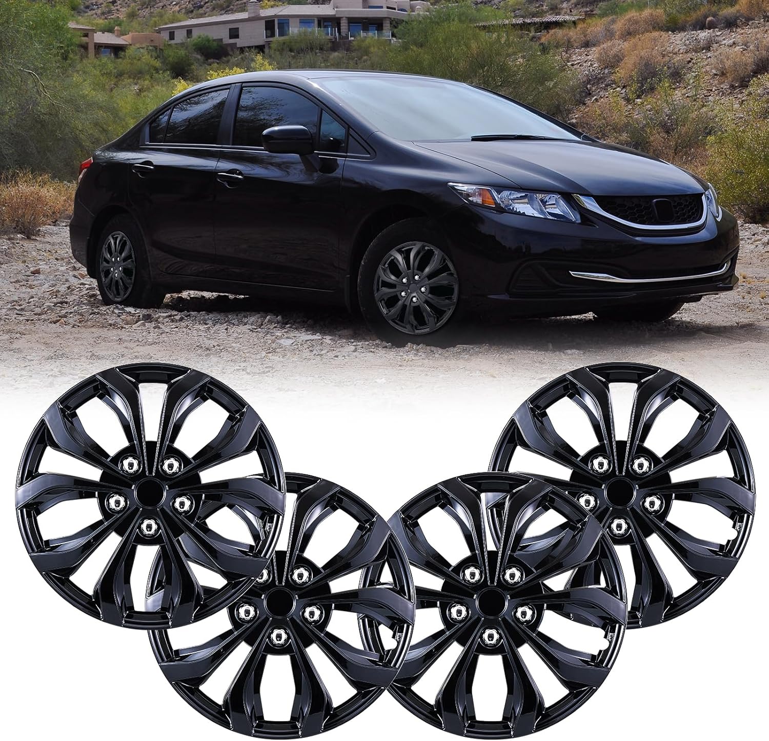 Hubcaps 15" Wheel Rim Cover Universal R15 Hub Caps, 15-Inch Hubcaps Wheel Covers Set of 4 Snap On Car Pickup Truck SUV, Black Lacquer