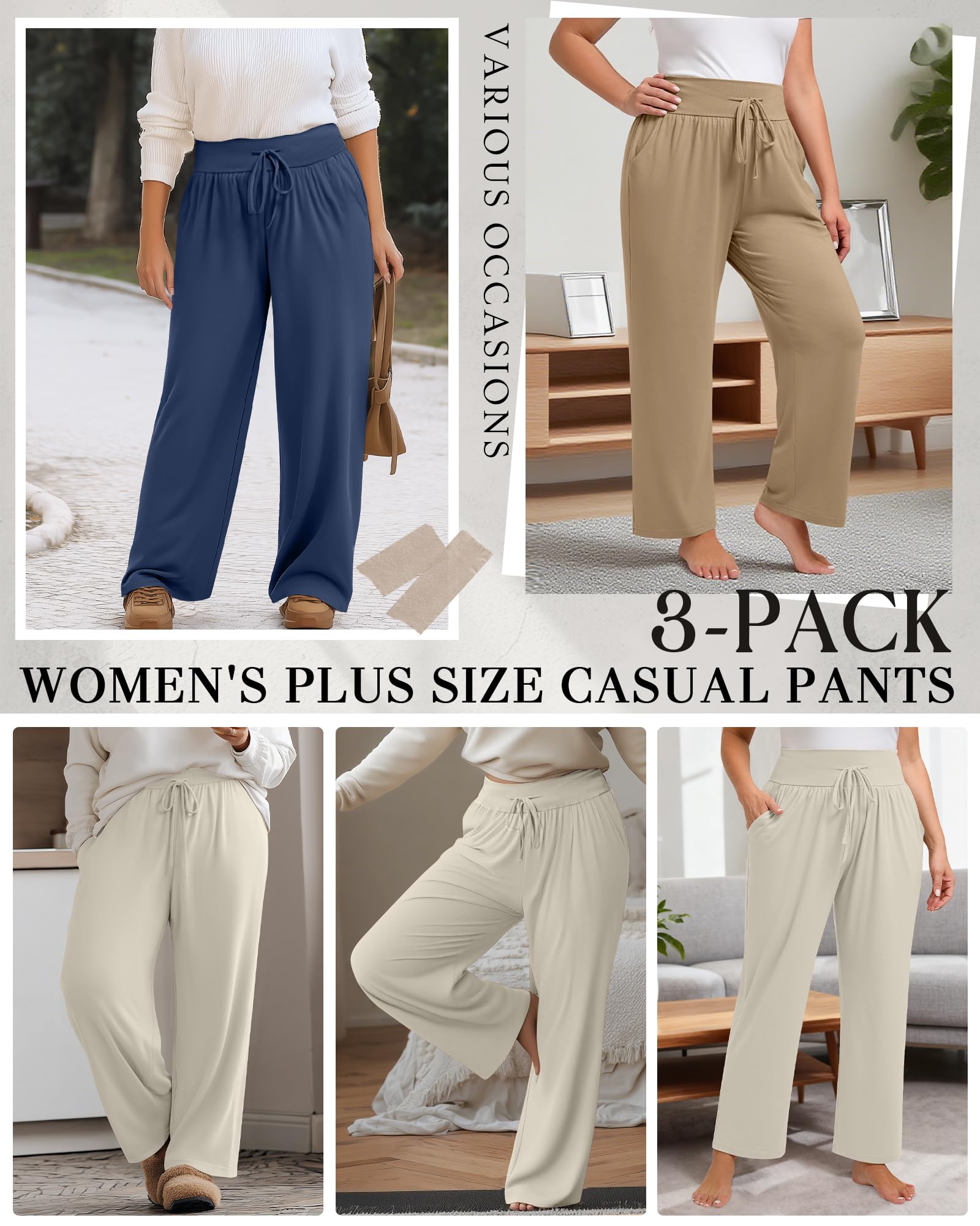 Neer Pack de 3 Pantalones de Loungewear para Mujer de Talla Grande, Pantalones de Yoga de Pierna Ancha con Bolsillos