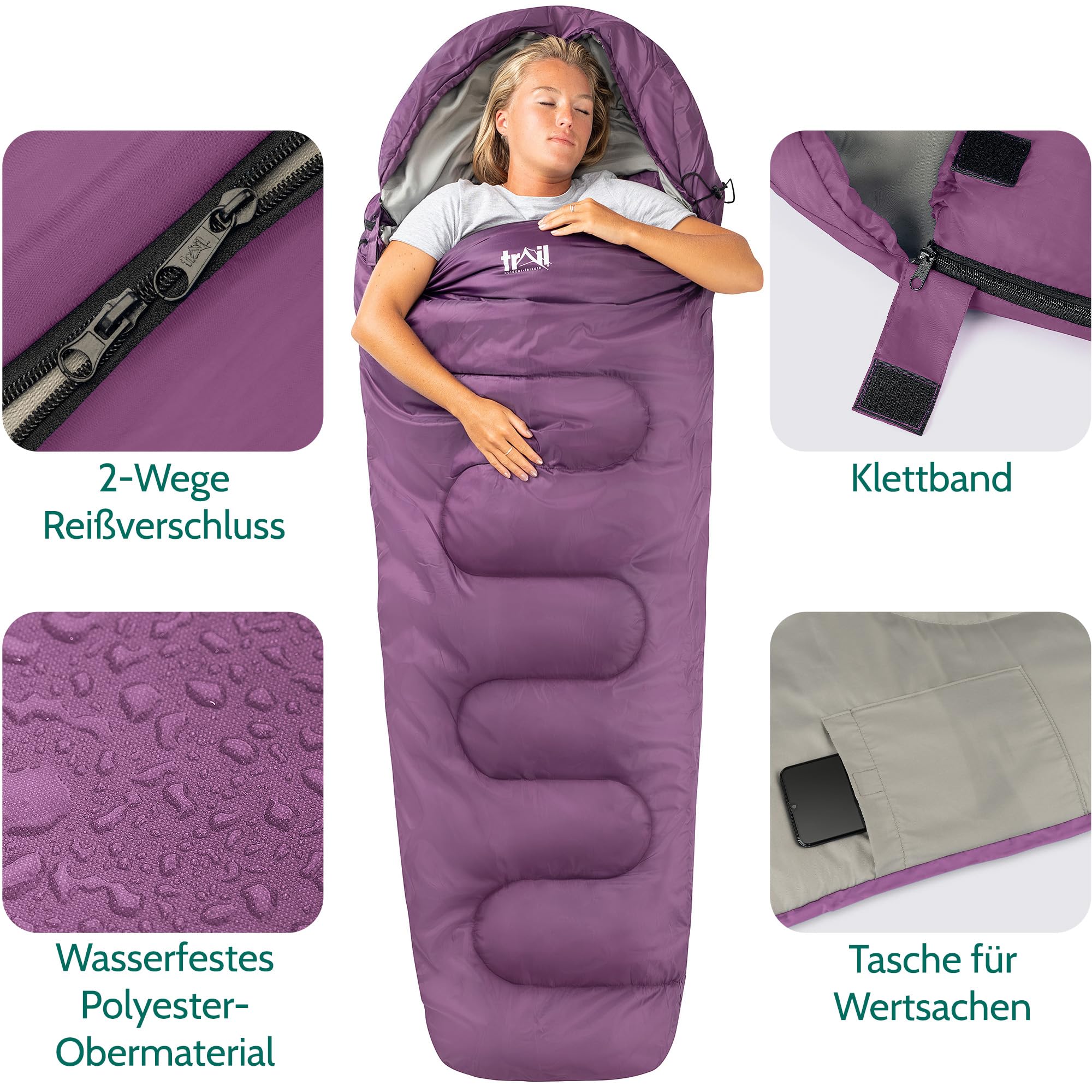 Trail 1-Personen Schlafsack für Erwachsene – Schlafsack 3 Jahreszeiten, Outdoor Frühling Herbst Winter – 300 GSM – für Camping im Freien – Innentaschen - Leichter Kompressionssack