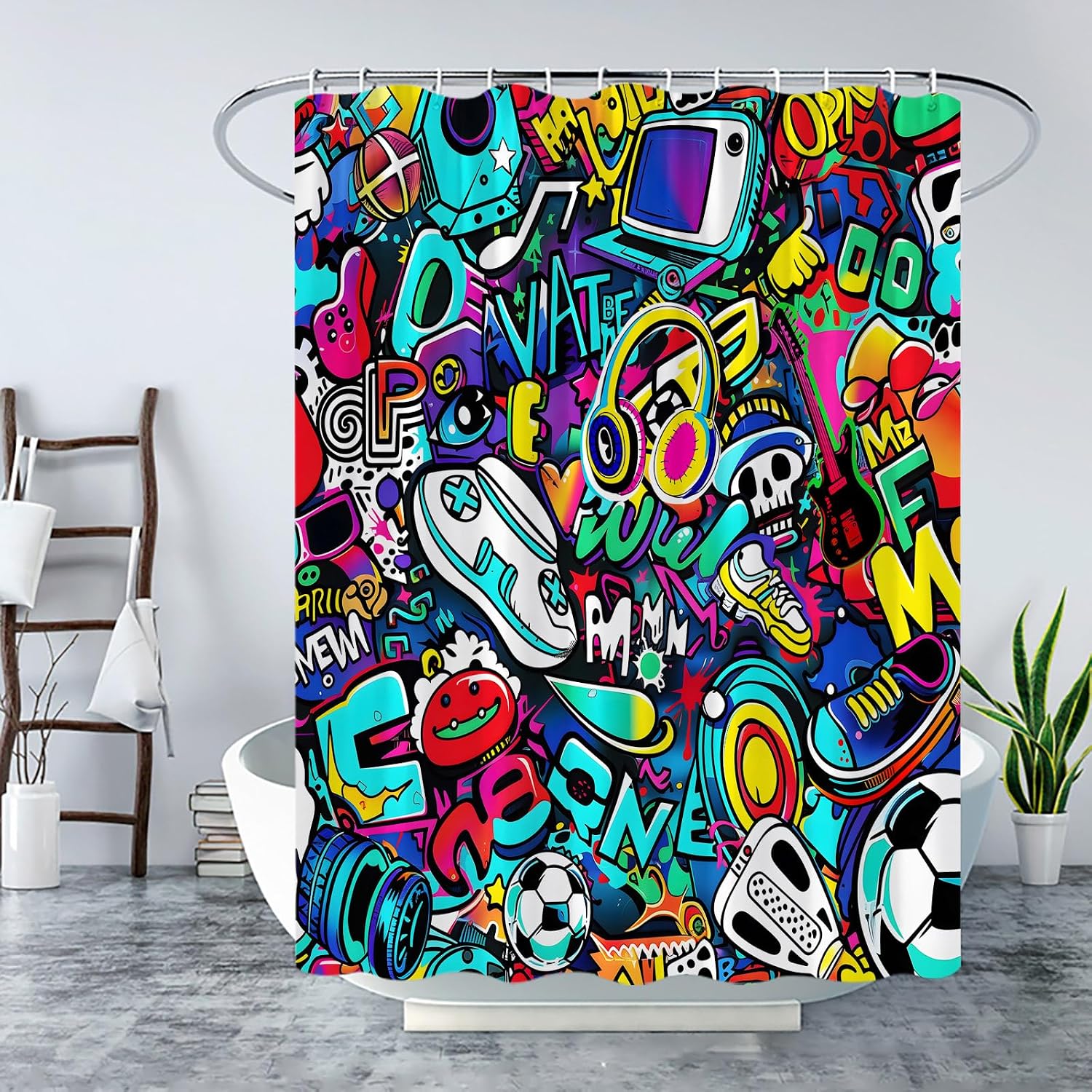 Colorful Graffiti Shower Curtain Music Sports Gamer Lover Modern Abstract Hiphop Youth Music Musical Street Spray Cartoon Doodle Fabric Bathroom Curtain Set with Hooks image 4