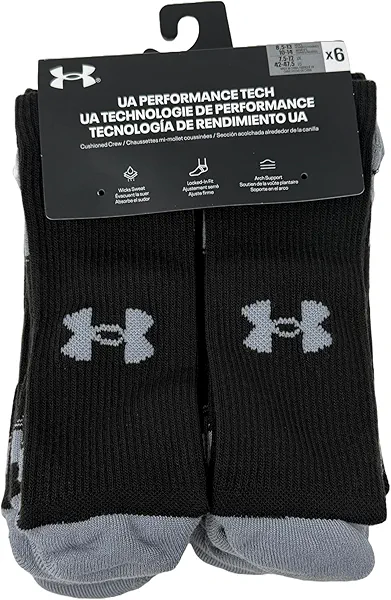 Under Armour Men's UA Performance Tech Cushioned Crew Socks - 6 Pack (US, Alpha, Large, Regular, Regular, Black/Black/Black)