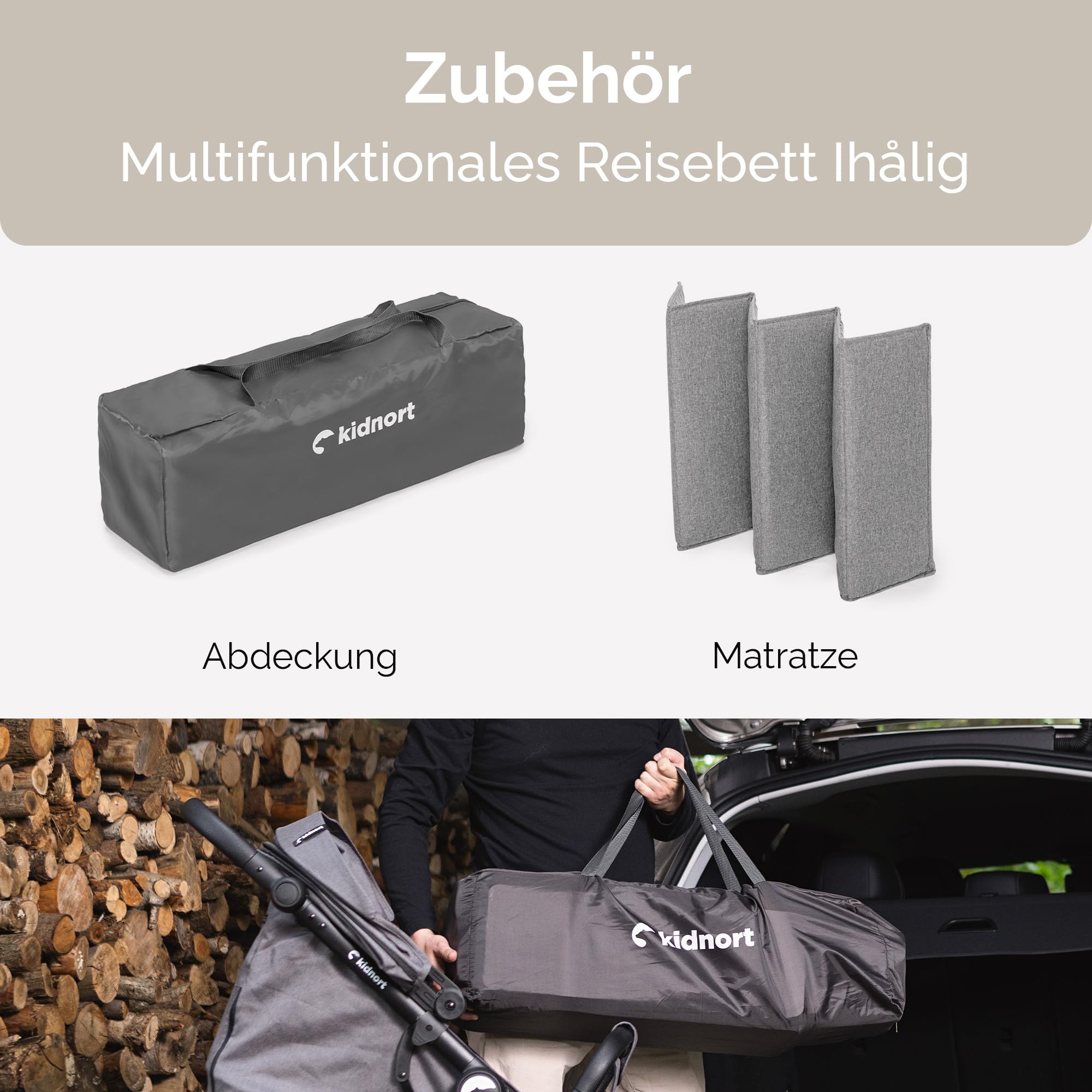 Ihalig Reisebett Babybett faltbar mit Matratze Seiteneingang und Rollen mit Bremsen Kinderreisebett klappbar mit Tragetasche Seitentasche platzsparend für Zuhause Reise Hellgrau