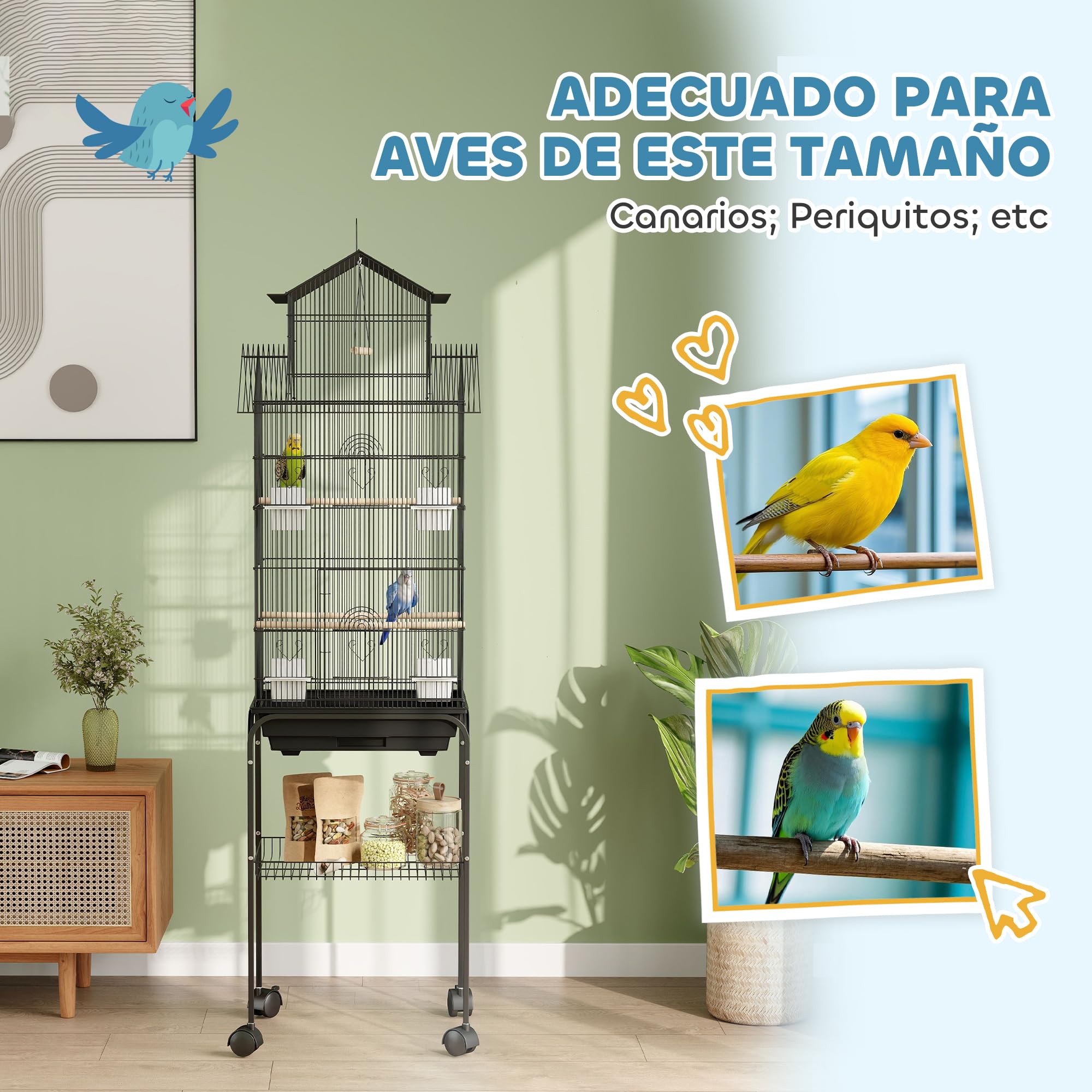 PawHut Jaula para Pájaros con Ruedas Pajarera de Acero 50,5x41x163 cm con Comederos Perchas Columpio y Bandeja Extraíble Jaula Grande para Loros Canario Periquito Negro