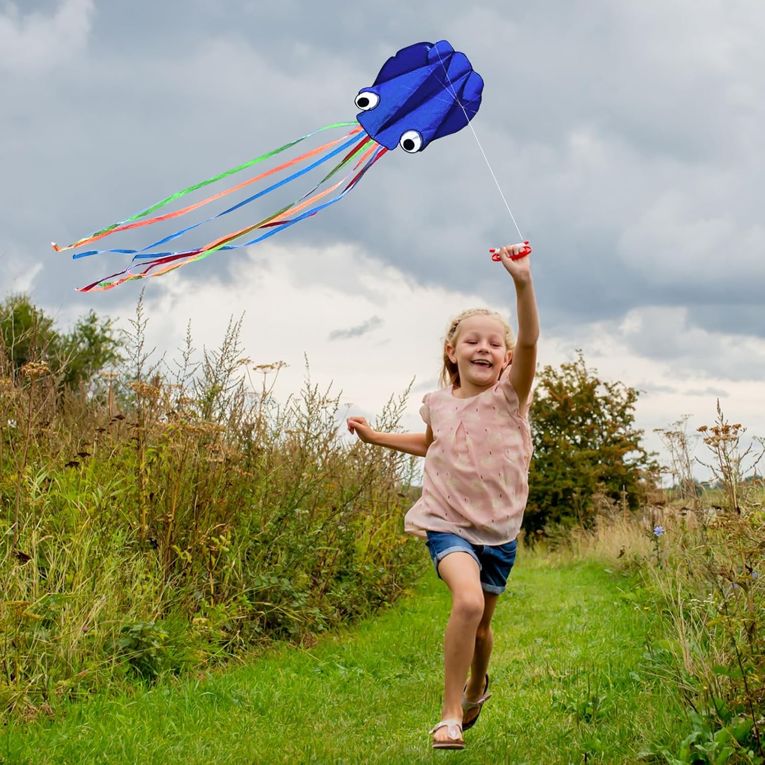Simxkai Octopus Kite for Kids & Adults, Easy to Fly Beginner Kite for Boys & Girls, 28''*158'' Large Soft 3D for Outdoor Activities (Blue)