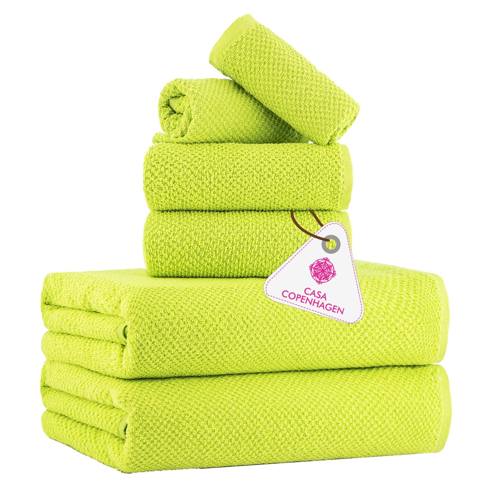CASA COPENHAGEN Popcorn Textured 6 Pieces Towel Set- Neon Green, 550 GSM 2 Bath Towel 2 Hand Towel 2 Washcloth, Rough & Tough Use Cotton Towels Gift Set for Bathroom