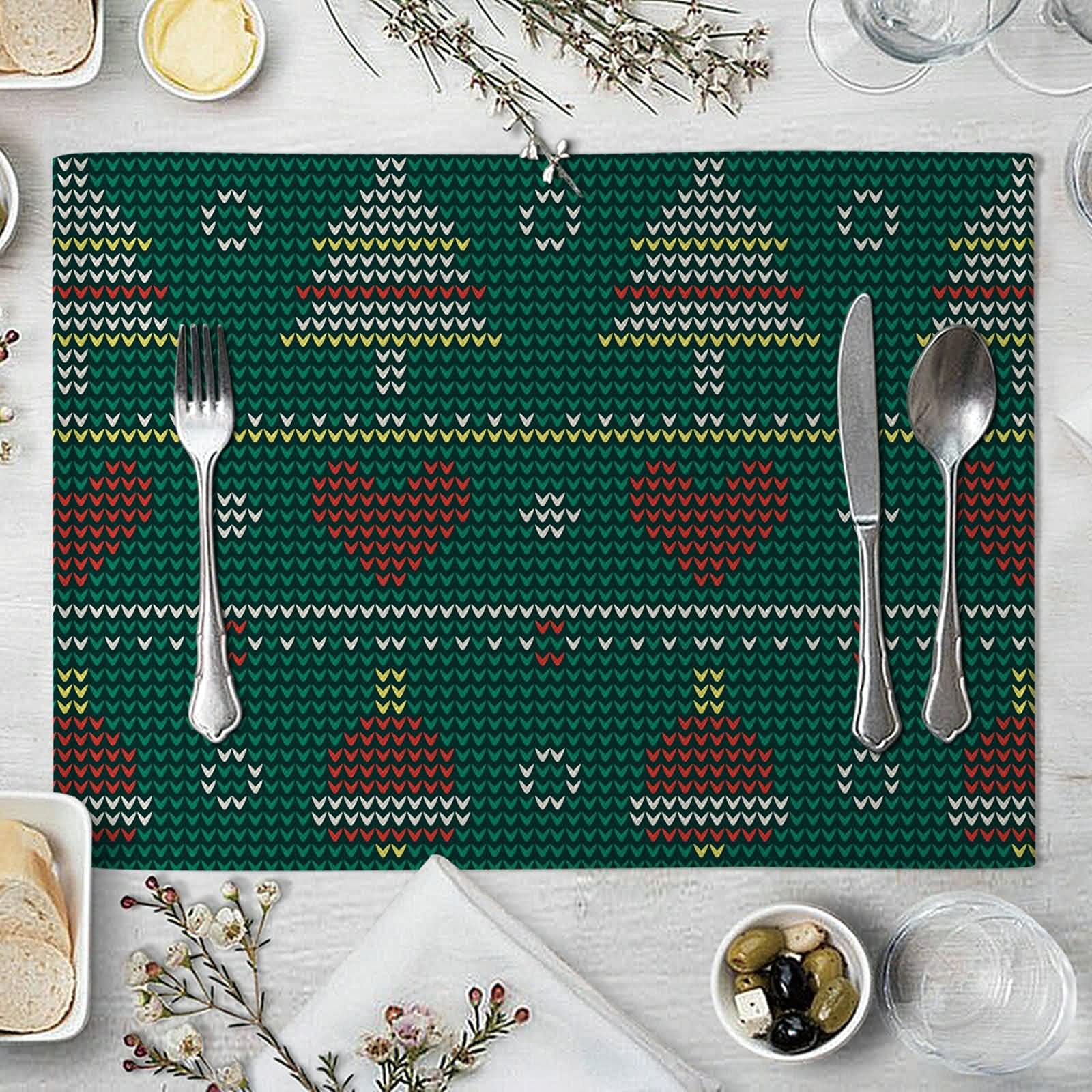 AmDxD Juego de manteles individuales de 8 unidades, diseño de árbol de Navidad, de lino de algodón, antiincrustantes y lavables, para cocina y restaurante, 32 x 42 cm, verde, rojo y blanco