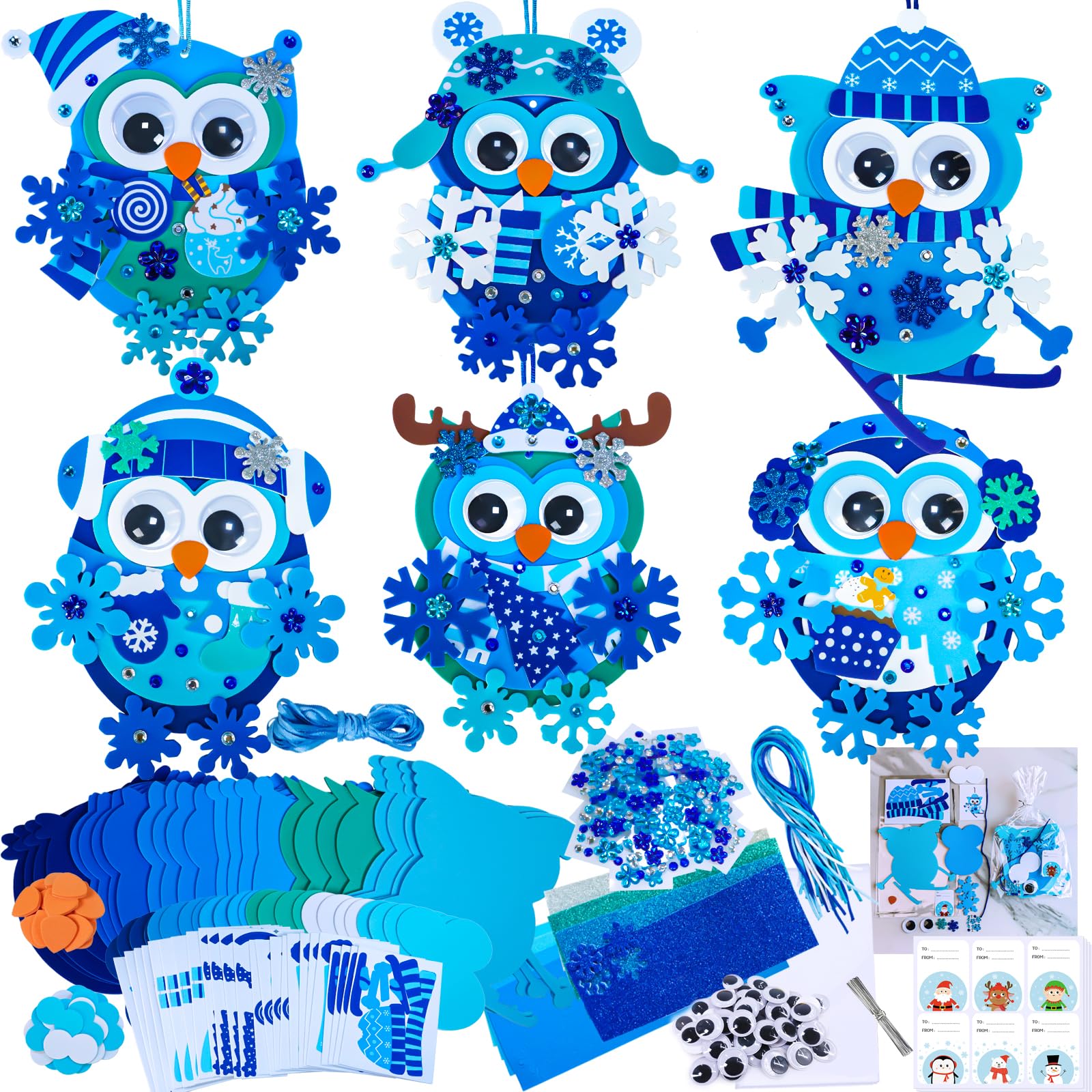 Winlyn 24 Sets Winter Craft Kits Christmas Crafts DIY Snowflake Owl Ornaments Decorations Craft Kit Festive Foam Stickers Winter Arts and Crafts for Kids Holiday Home Classroom Activities Party Favors