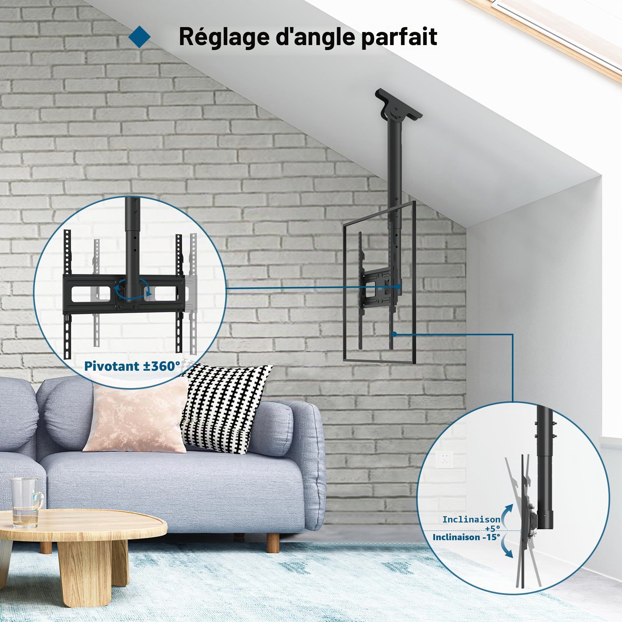 BONTEC support TV plafond universel inclinable pour écrans 26-65 pouces, charge 45 kg, rotatif 360°, hauteur réglable 73-98 cm, VESA 100x100-400x400, gain de place, gestion câbles, installation simple
