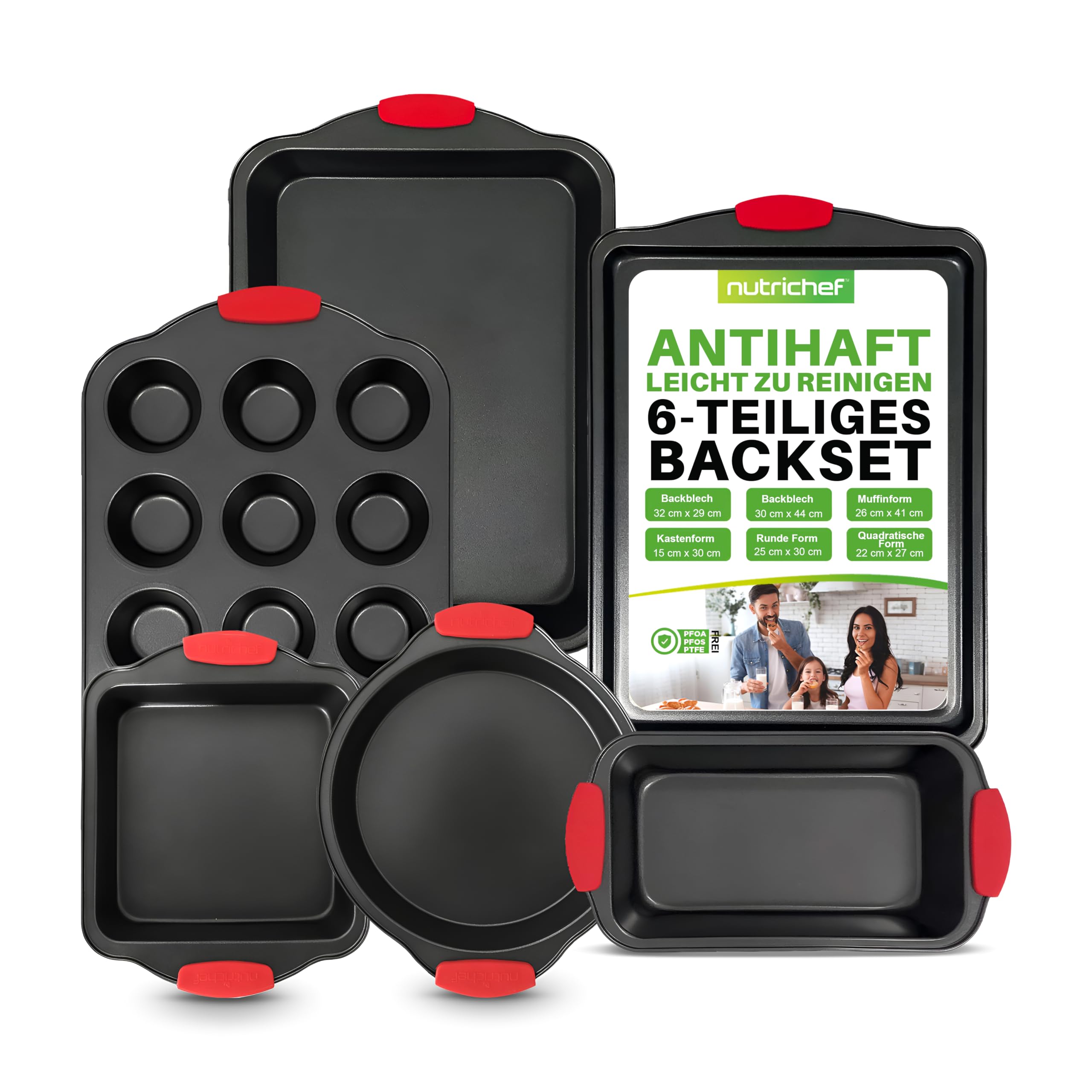 6-Piece Nonstick Bakeware Set - Carbon Steel Baking Tray Set w/Heatsafe Red Silicone Handles, Oven Safe Up to 450°F, Loaf Muffin Round/Square Pans, Cookie Sheet, Baking Pan -NCSBS6S,Black