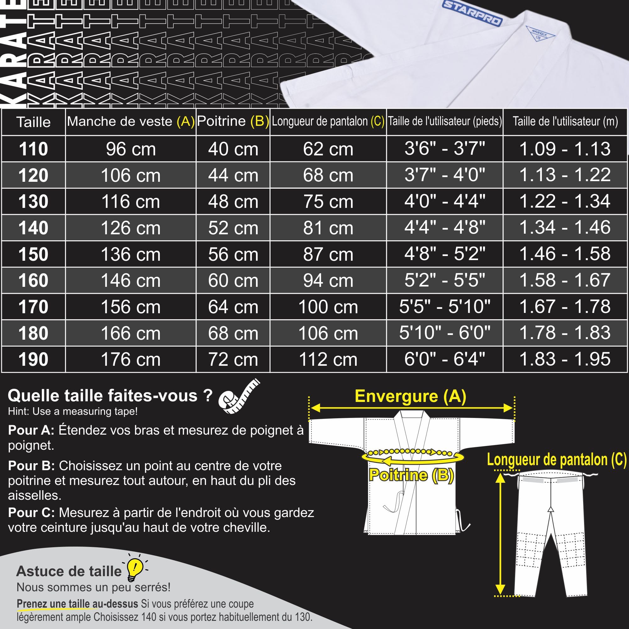 Starpro Gi Kimono de Karaté en Mélange de Coton - Uniforme Professionnel Pour Entraînement et Compétition en Arts Martiaux pour Hommes, Femmes & Enfants - 110-190 cm - Ceinture Blanche Gratuite