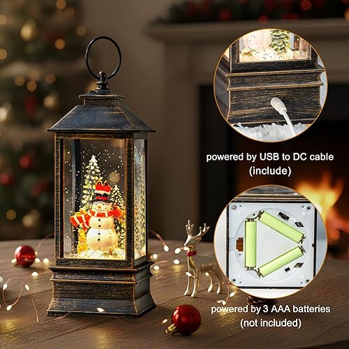 Miniatura 3 de Linterna de agua de globos de nieve de Navidad con muñeco de nieve, cepillo negro dorado con forro USB, linterna iluminada para decoración de