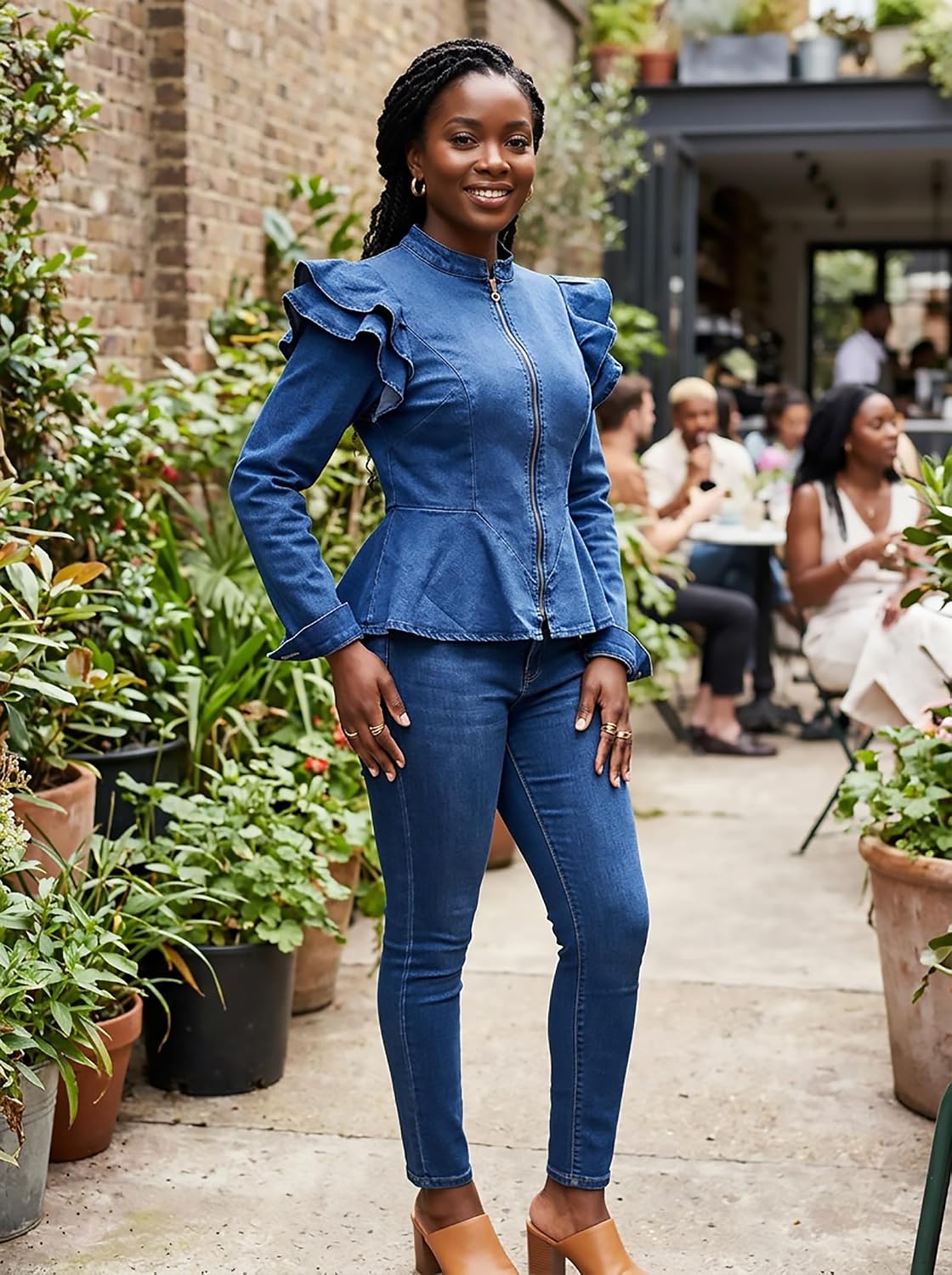 Women's Denim Jacket, Ruffle Sleeve Jean Jacket, Slim Fit Zip Front Coat image 5
