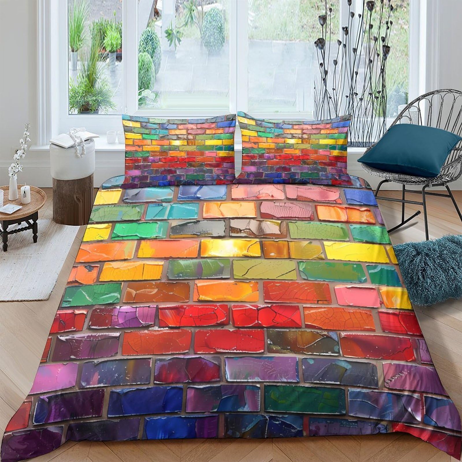 Ctjqhvkz Style-1 3D Printed Rainbow Brick Wall Fitted Sheet Microfiber Soft Colorful Mosaic Bed Cover For Bedroom Dorm Mattress Protection Decor Single（135X200cm）