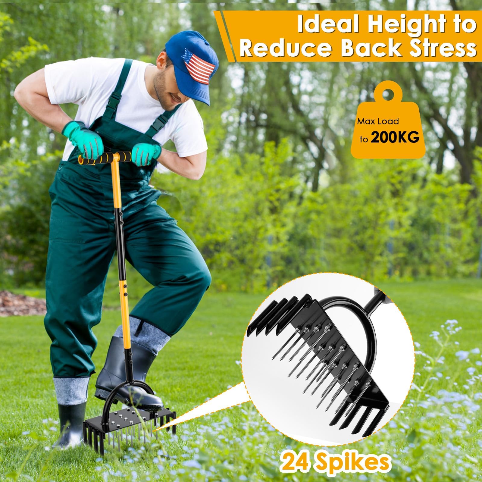 Aireador Herramienta de césped, 96 cm Aireador Cesped Escarificador Cesped Manual, aireador de Tierra Manual con Mango en T con 17 Picos de Acero sólido de 9 cm para airear césped, Patio, Suelos