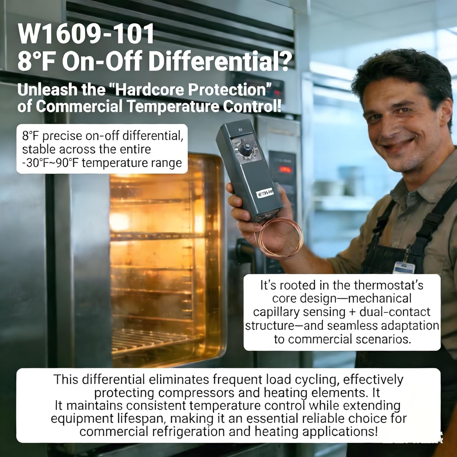 W1609-101 Commercial Refrigeration Thermostat, 8°F On-Off Differential, Dual F/C Dial, 5Ft Copper Capillary, -30°F to 90°F Temp Range, Dustproof Steel Housing
