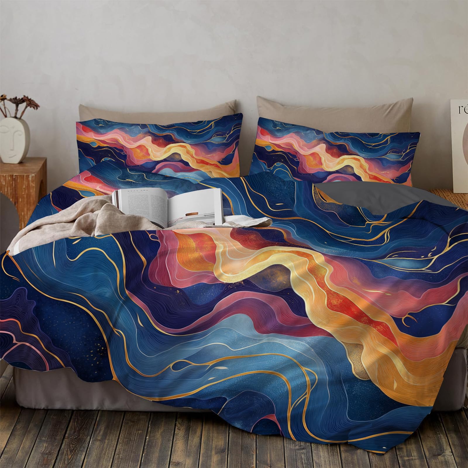 Parure de lit enfant réversible 200x200 avec housse de couette imprimé animal et marbre violet orange