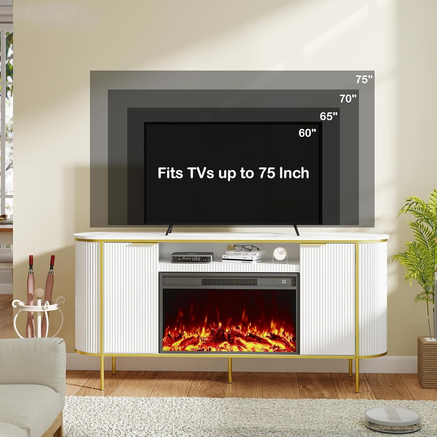 Luxury Fluted Fireplace TV Stand:70" Modern Chic Entertainment Center with Fireplaces for Living Room, Media Console Electric Fireplace with Storage,Off White (White, 70 inch TV Stand with Fireplace) - Image 5