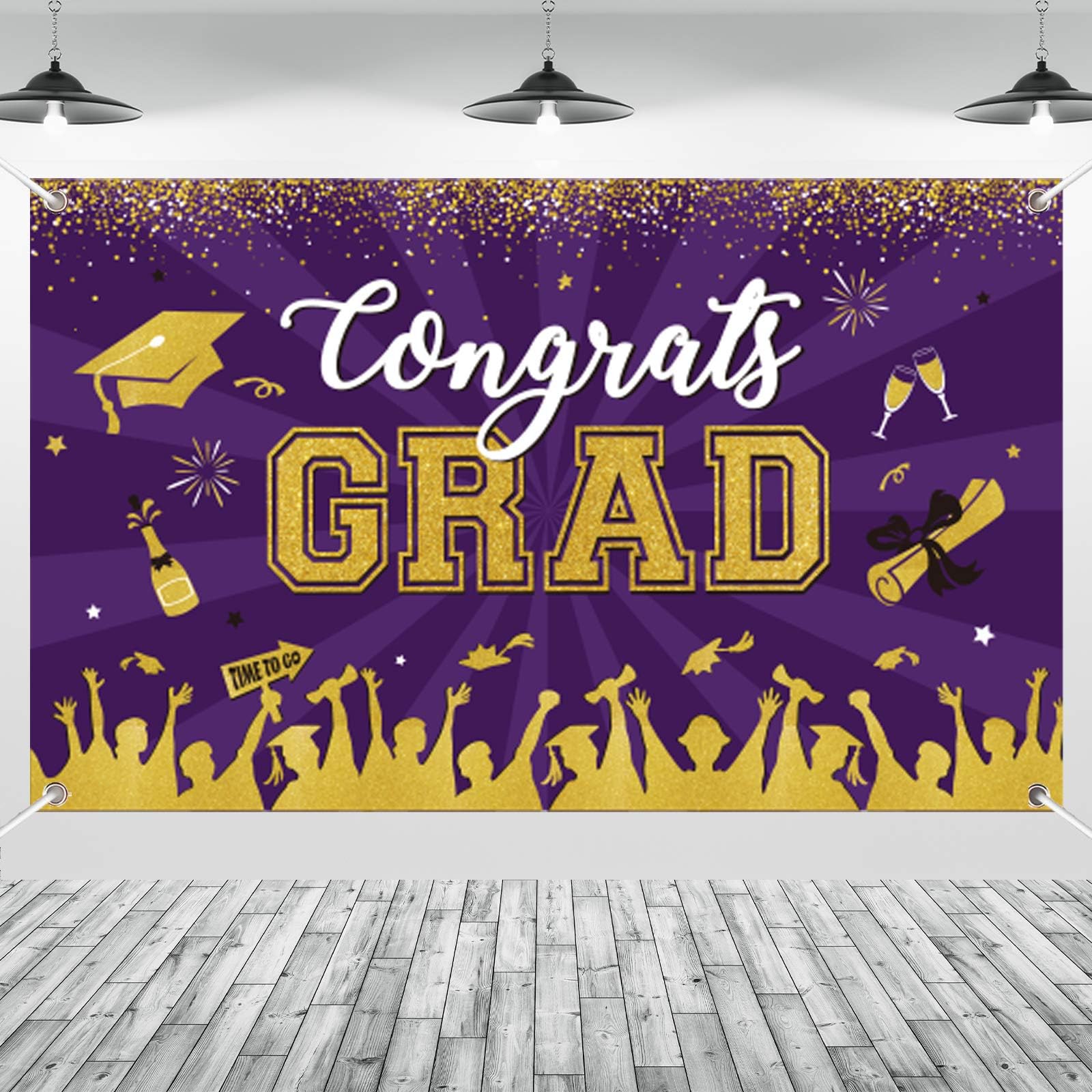 Purple Gold Graduation Banner Backdrop Class of 2026 Graduation Party Decorations Supplies Congrats Grad Fabric Backdrop Background for High School
