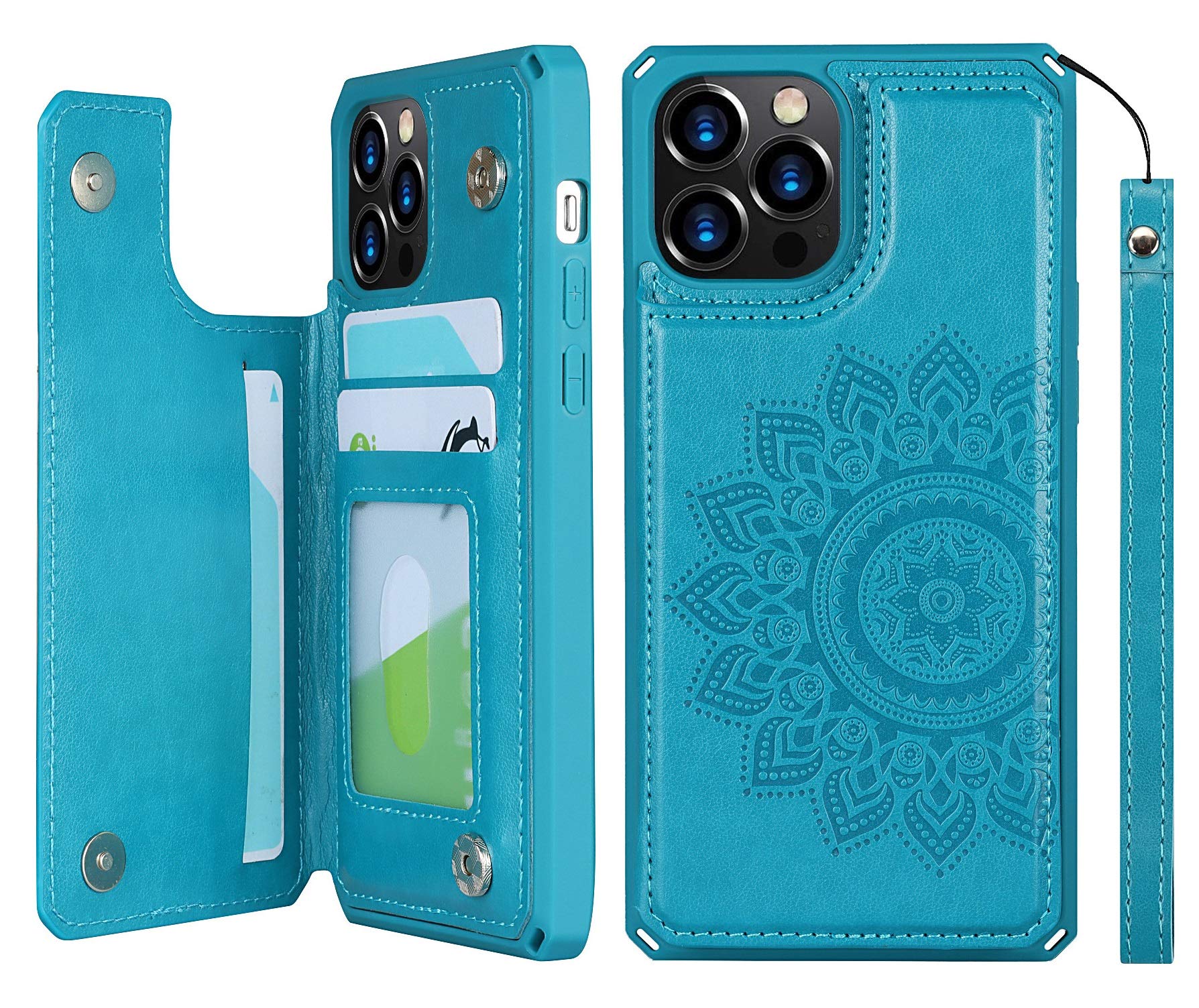 iCoverCase Compatible with iPhone 12/12 Pro Wallet Phone Case with Card Holder for Women, RFID Blocking Embossed PU Leather Wrist Strap Case (Mandala