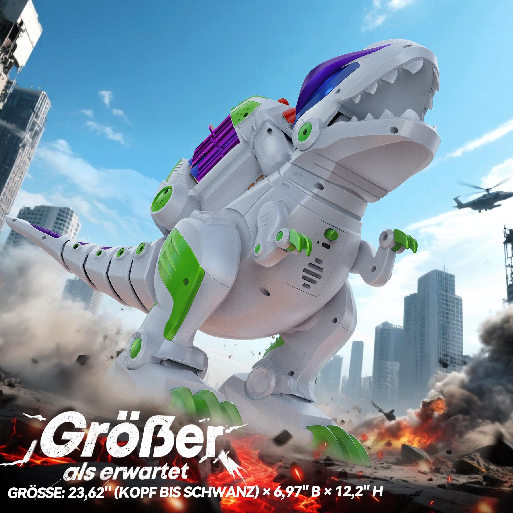 Ruko 8809 Ferngesteuerter Dinosaurier T-Rex für Kinder, großer wiederaufladbarer RC Dino mit Programmierfunktion, Gehen, Brüllen, LED-Augen & Dart-Schuss, Spielzeug ab 3 Jahren, Grün