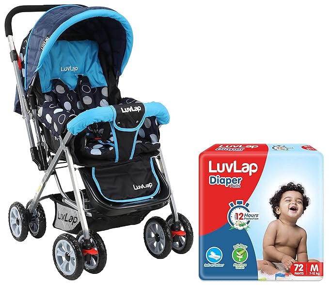 Sunshine Stroller/Pram, Easy Fold, for Newborn Baby/Kids, 0-3 Years (Sky Blue) & LuvLap Baby Diaper Pants M Size (Medium), Pack of 72 Count, with Upto 12Hr Protection for Babies of 7 to 12Kg