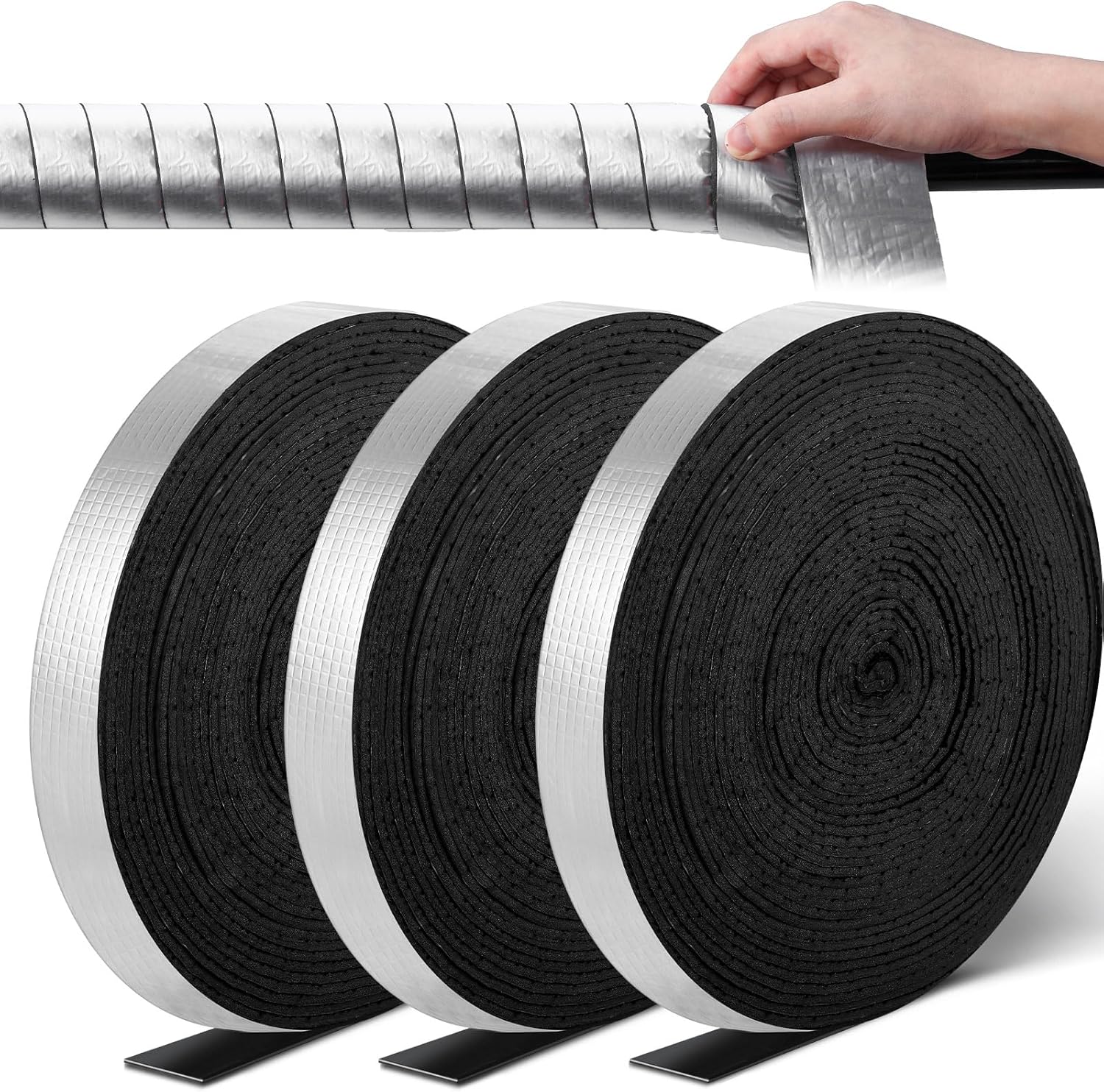 Frienda Pipe Insulation Wraps 196.8ft 3 Rolls 2" x 65.6' Long Foil Backed Resistant Outdoor Pipe Foam Insulation Tape Self Adhesive for Winter Freezing Pipe Insulation Wrap Protection Water Pipes