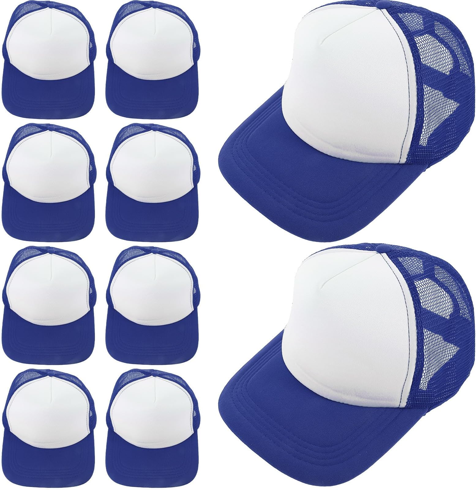 10pcs Blue Mesh Baseball Caps for Men, Blank Sublimation Hats DIY Heat Transfer, Polyester Trucker Hats Bulk for Crafting and Custom Printing