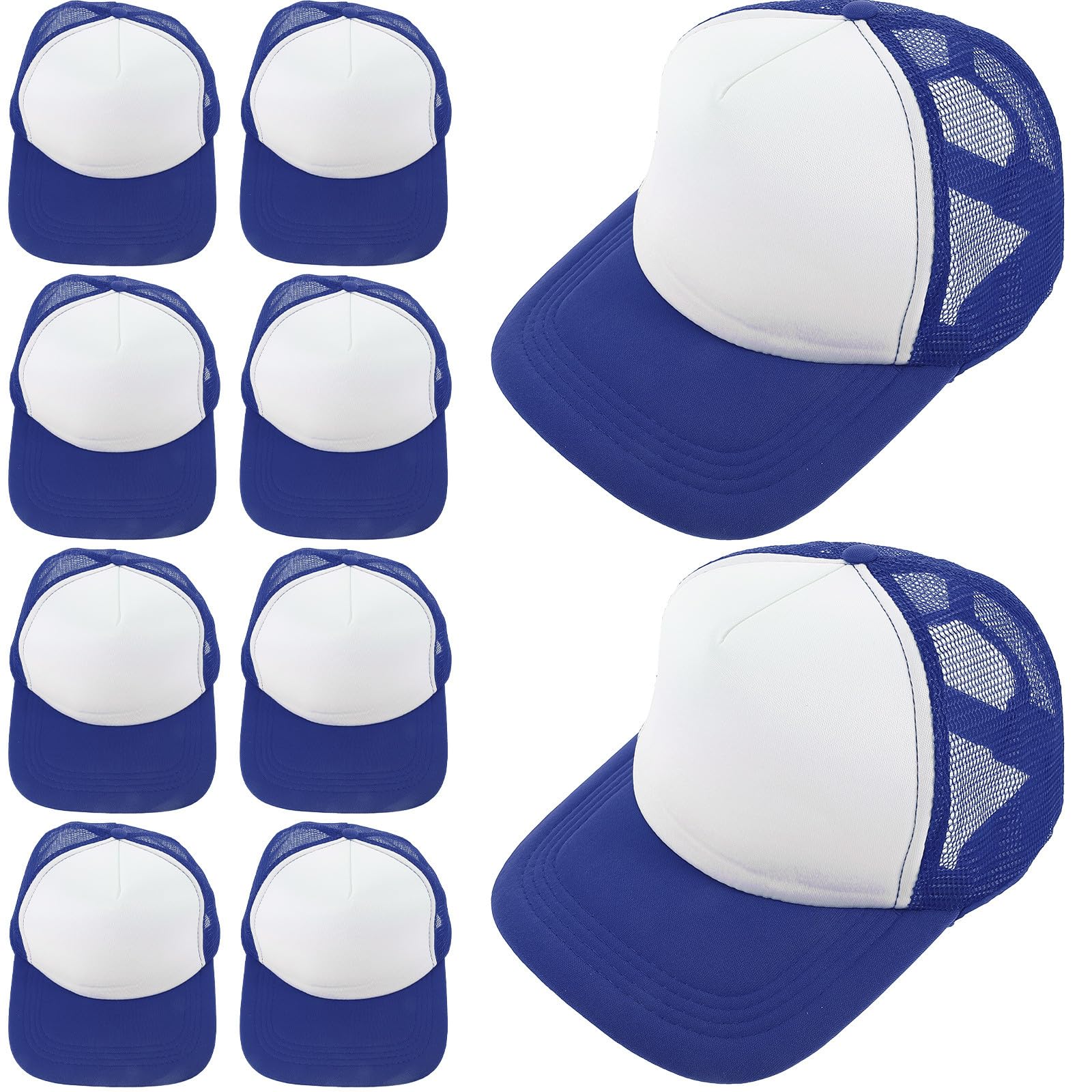 10pcs Blue Mesh Baseball Caps for Men, Blank Sublimation Hats DIY Heat Transfer, Polyester Trucker Hats Bulk for Crafting and Custom Printing
